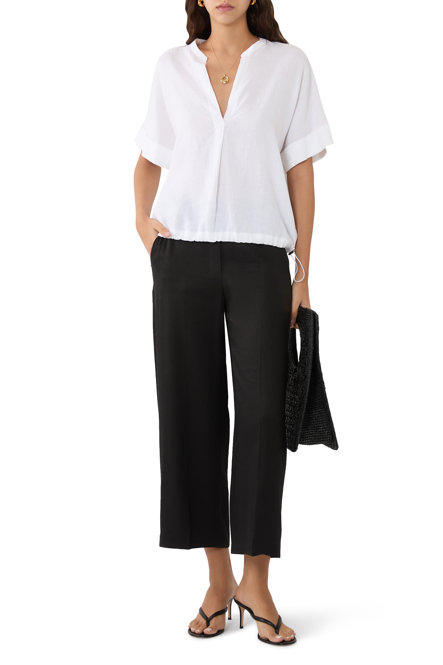 Linen Drawcord-Hem Blouse 