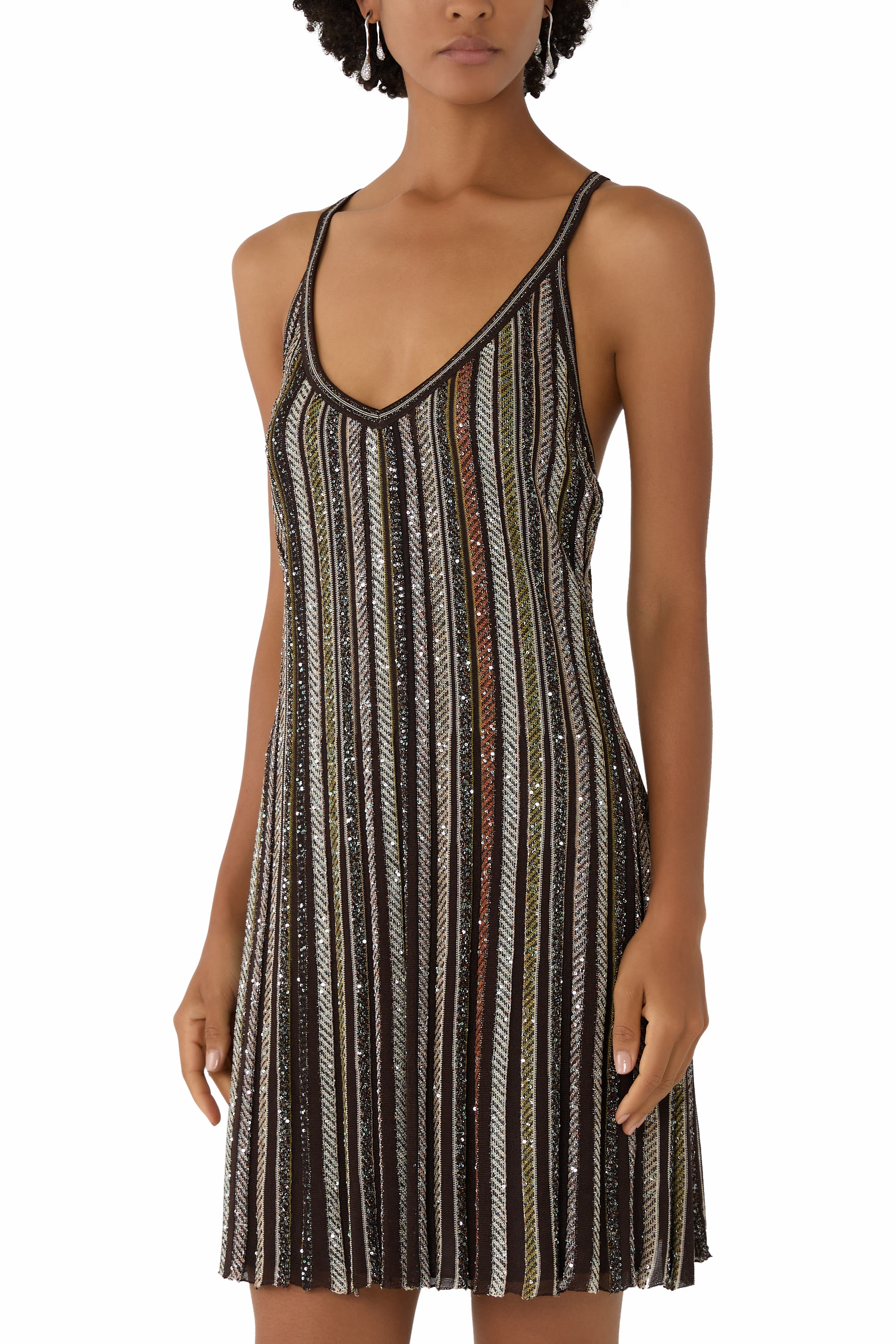 Striped Sequined Mini Dress with Interlaced Straps