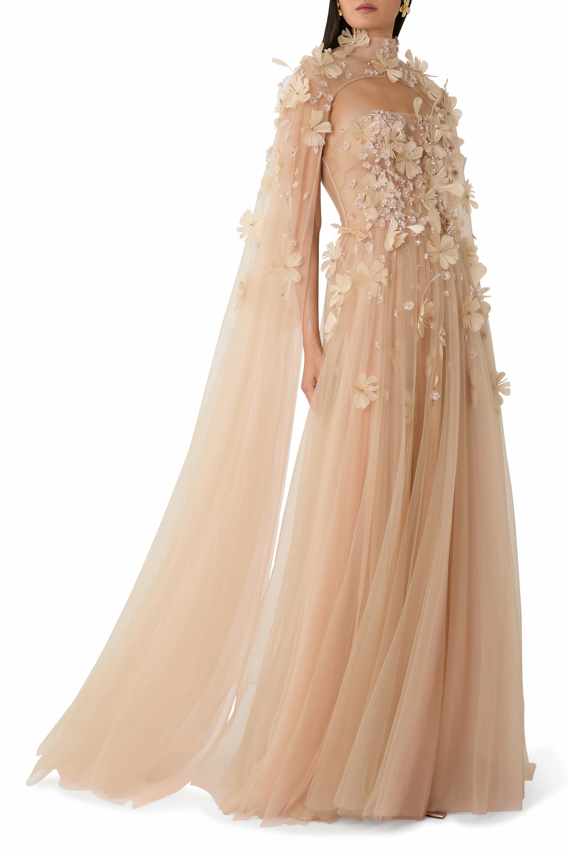 Strapless Floral Gown with Cape 