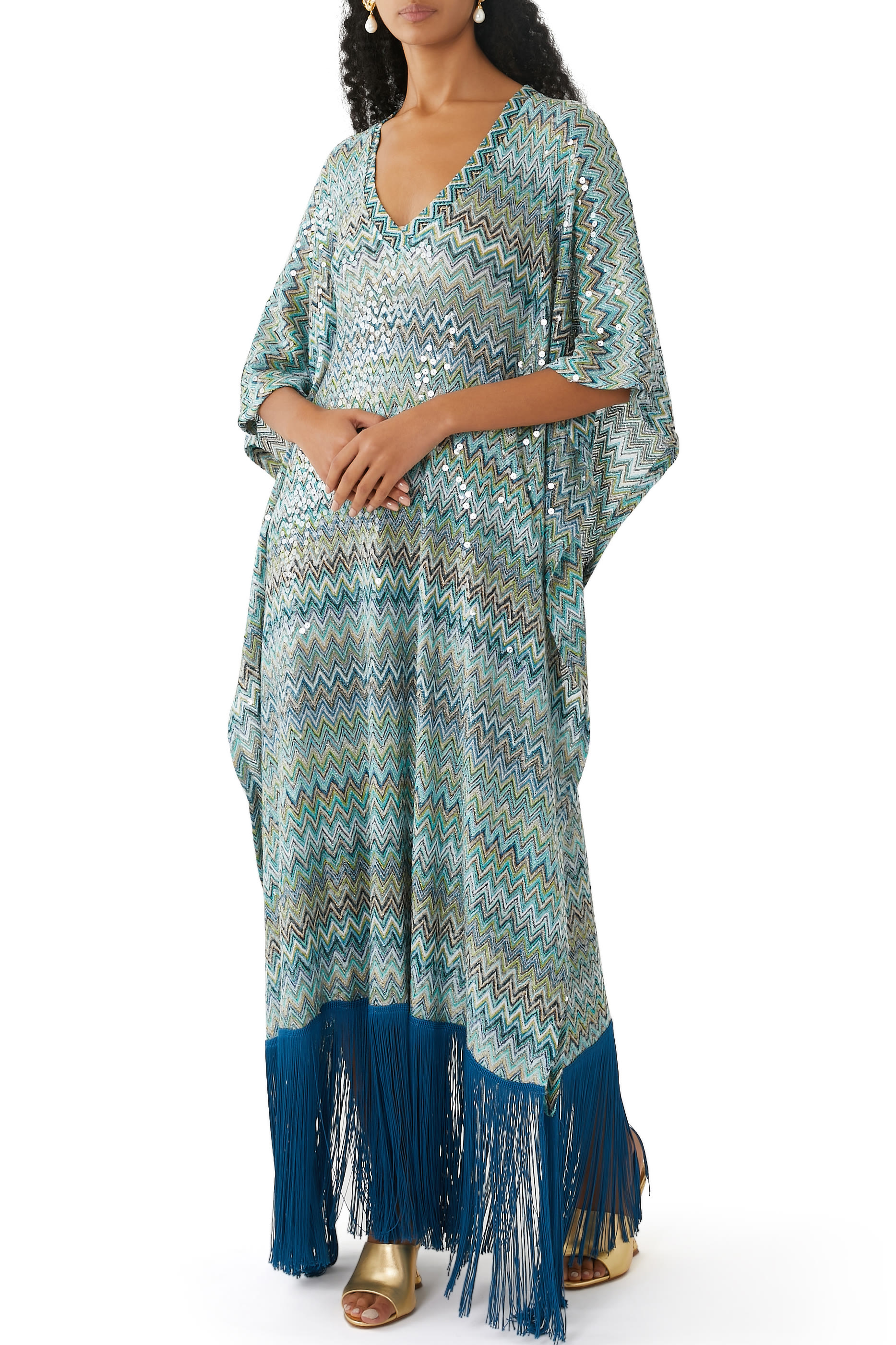 Exclusive Mare Chevron Raschel Sequinned Fringed Maxi Kaftan