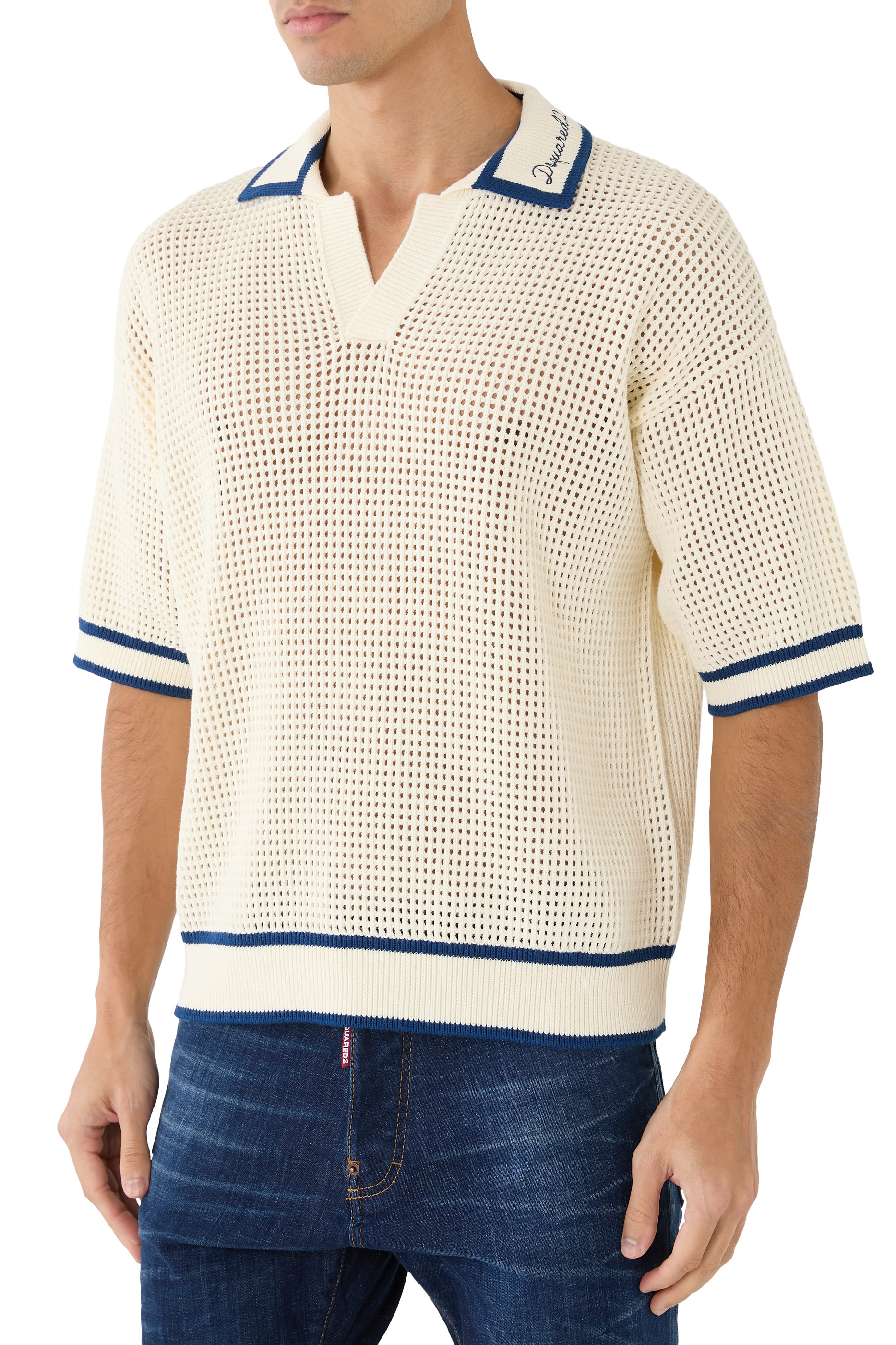  Open Work Knit Polo T-Shirt