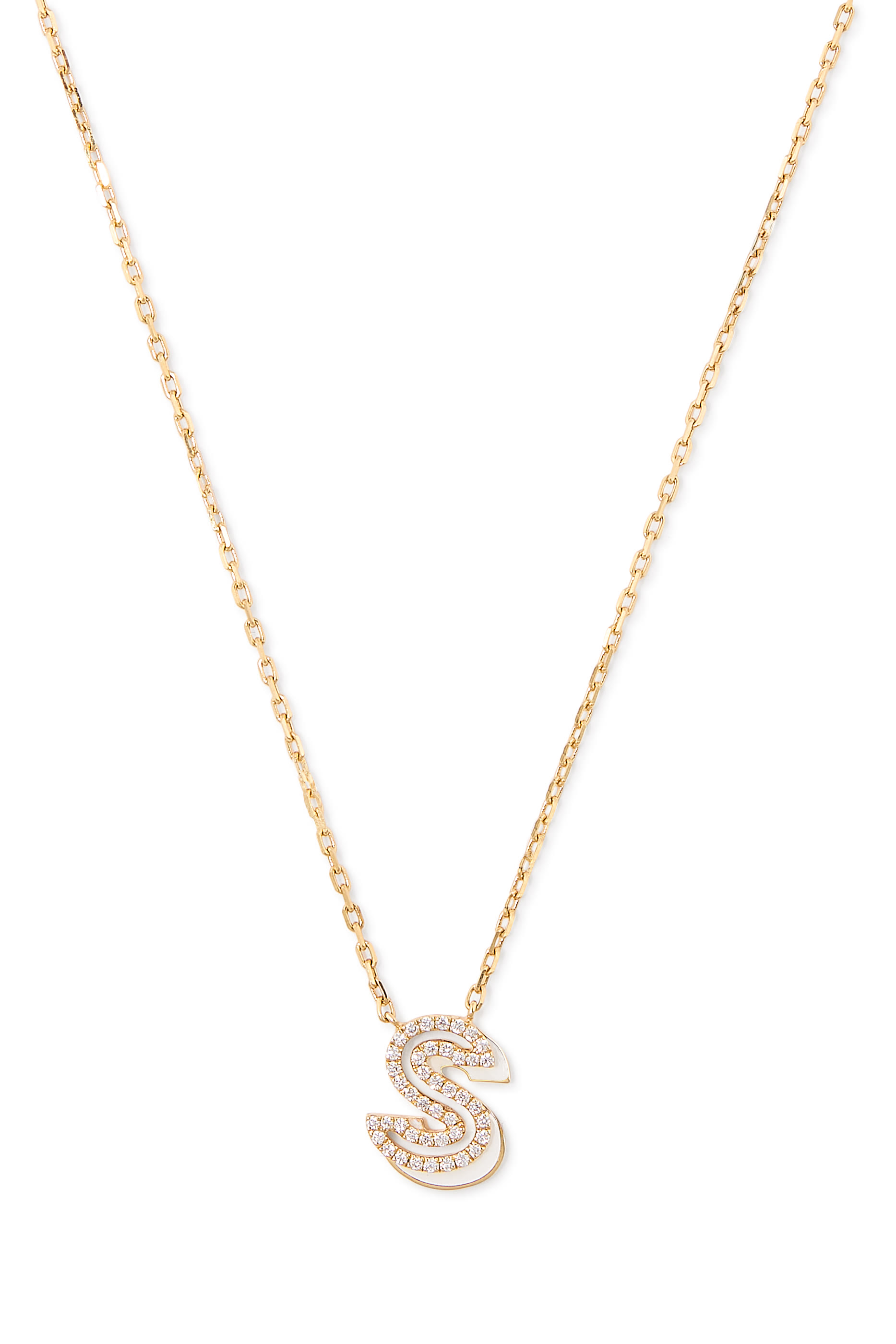 Letter &lsquo;S&rsquo; Mini Necklace, 18k Yellow Gold & Enamel, Diamonds