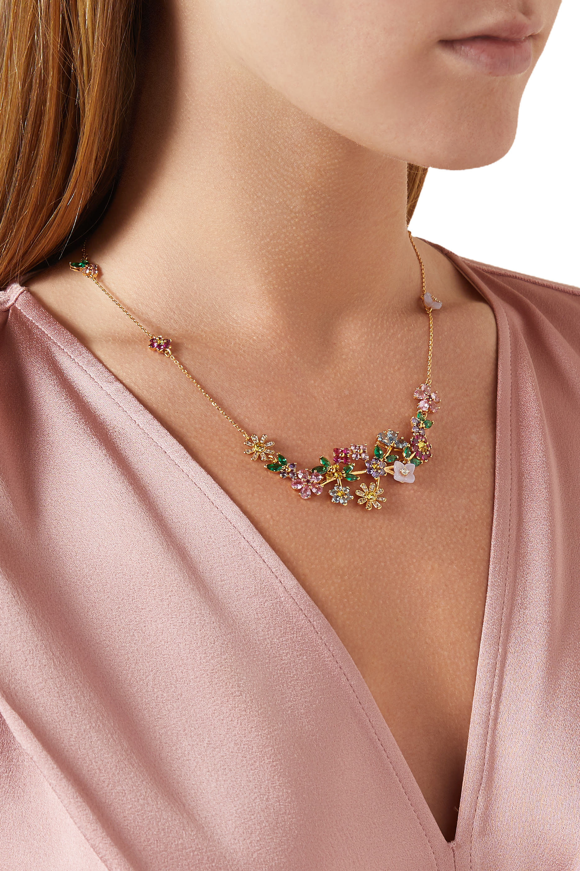 Bursting Blooms Necklace, Brass & Cubic Zirconia, Czech Glass Stone, Resin