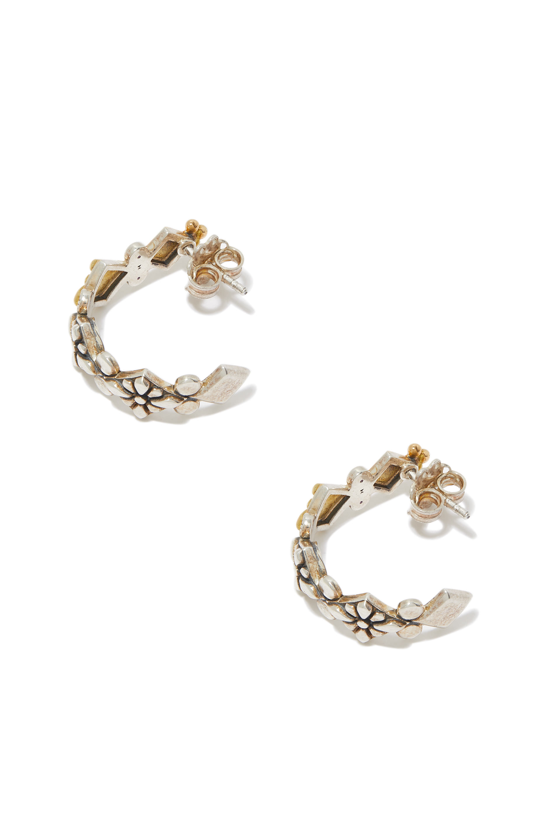 Floral Tribal Earrings, 18K Yellow Gold, Sterling Silver & Amethyst