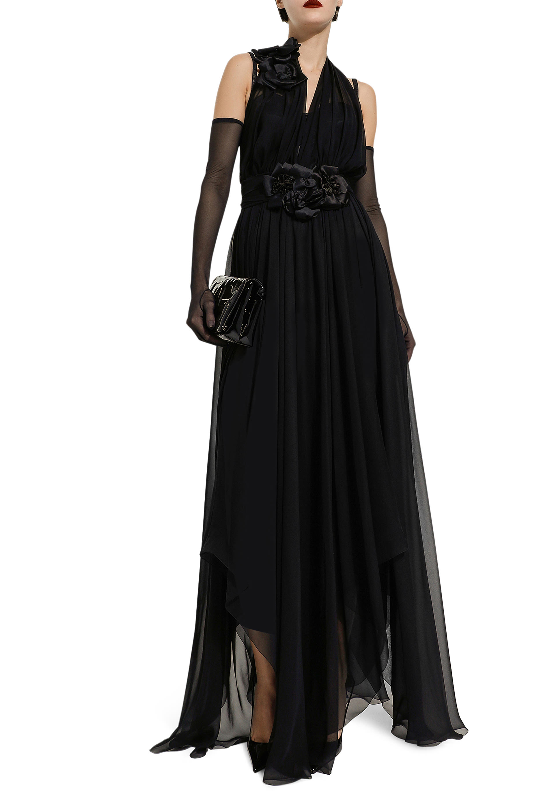Silk Chiffon Dress with Floral Appliqu&eacute;