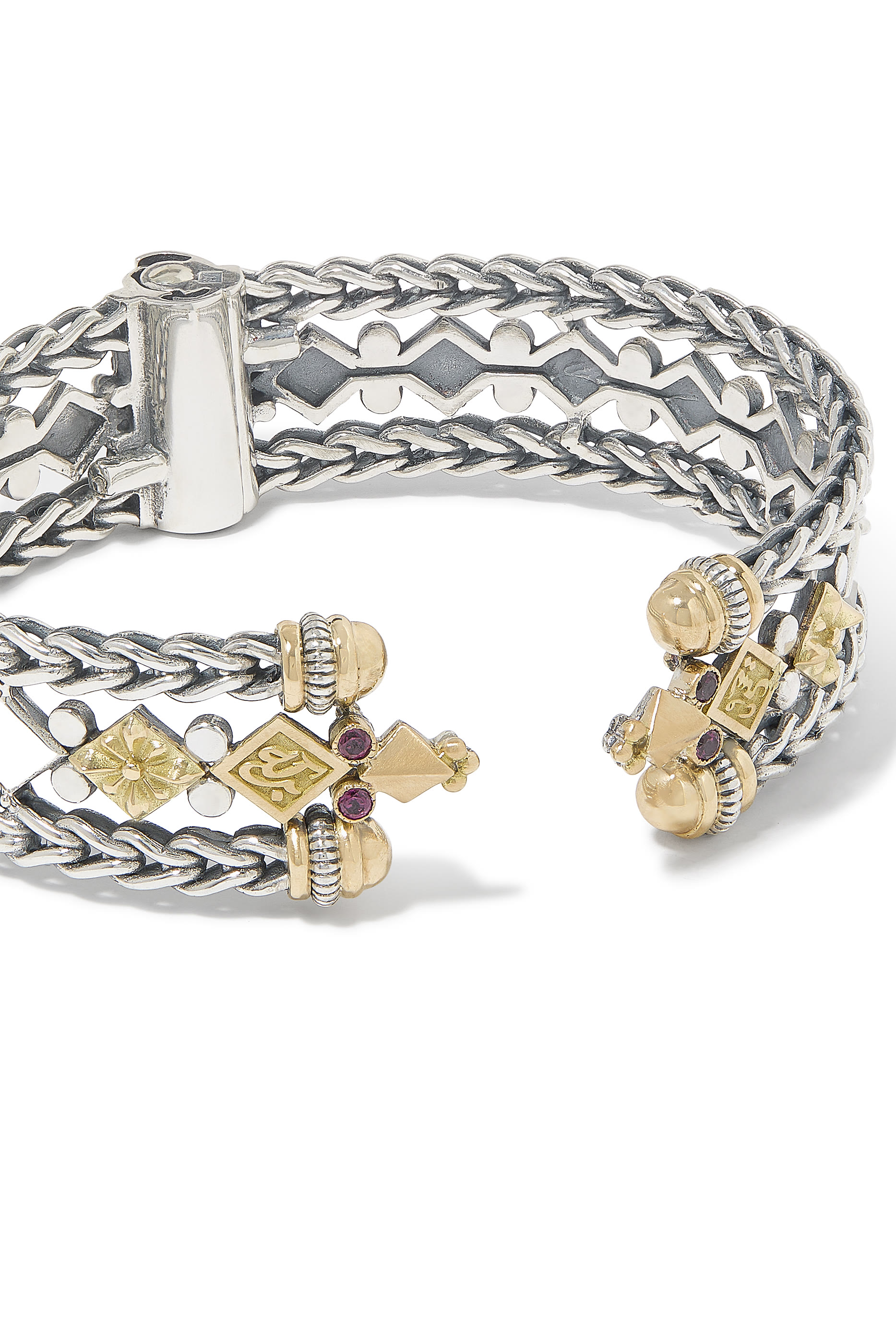 Roman Chain Bangle, 18K Gold with Sterling Silver, Brown Zircon & Rhodolite