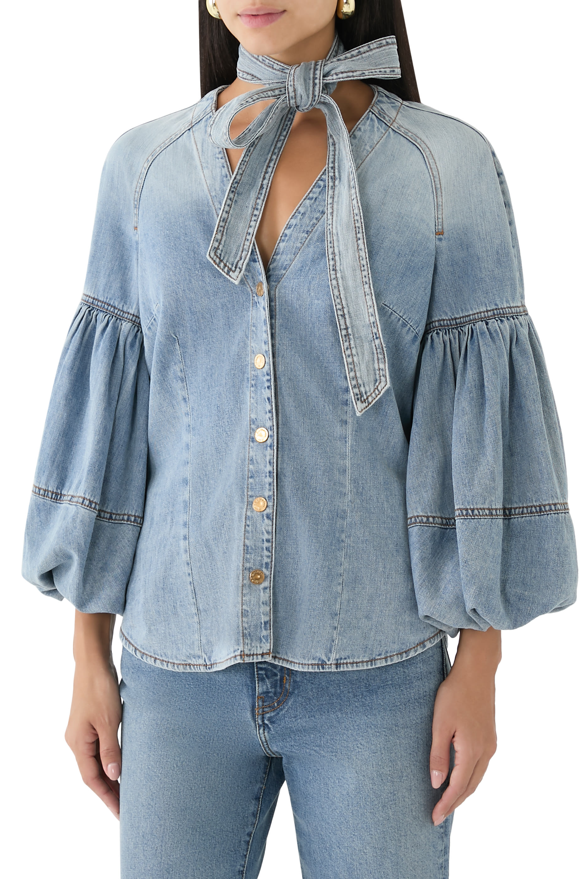 Tie Neck Denim Blouse