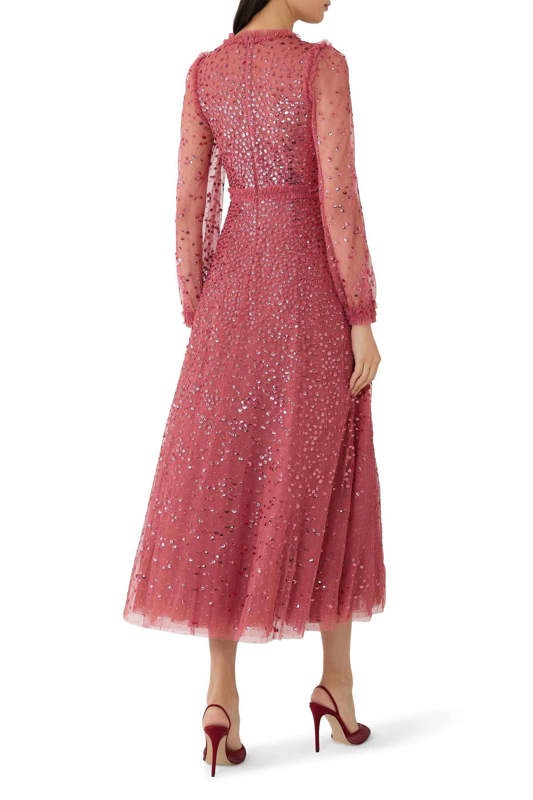  Dappled Sequin Long Sleeve Ankle Gown