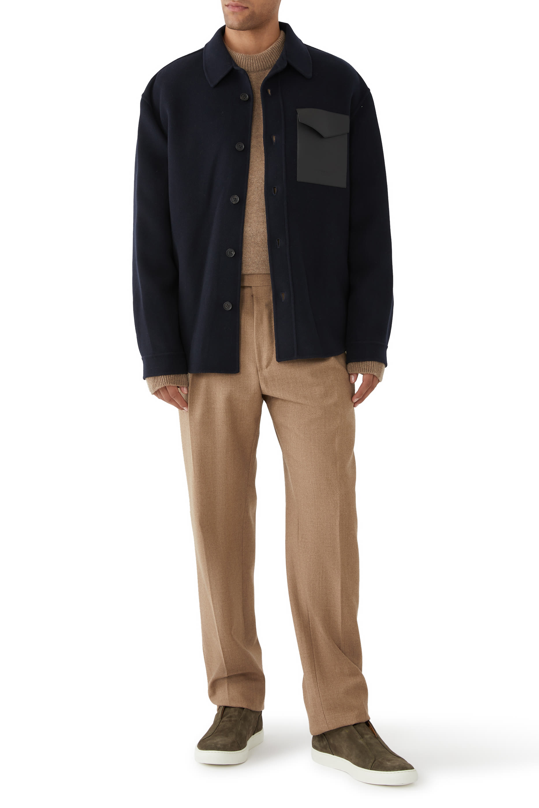 Emmanuel, Double-Face Wool Overshirt with Leather Patch Pocket