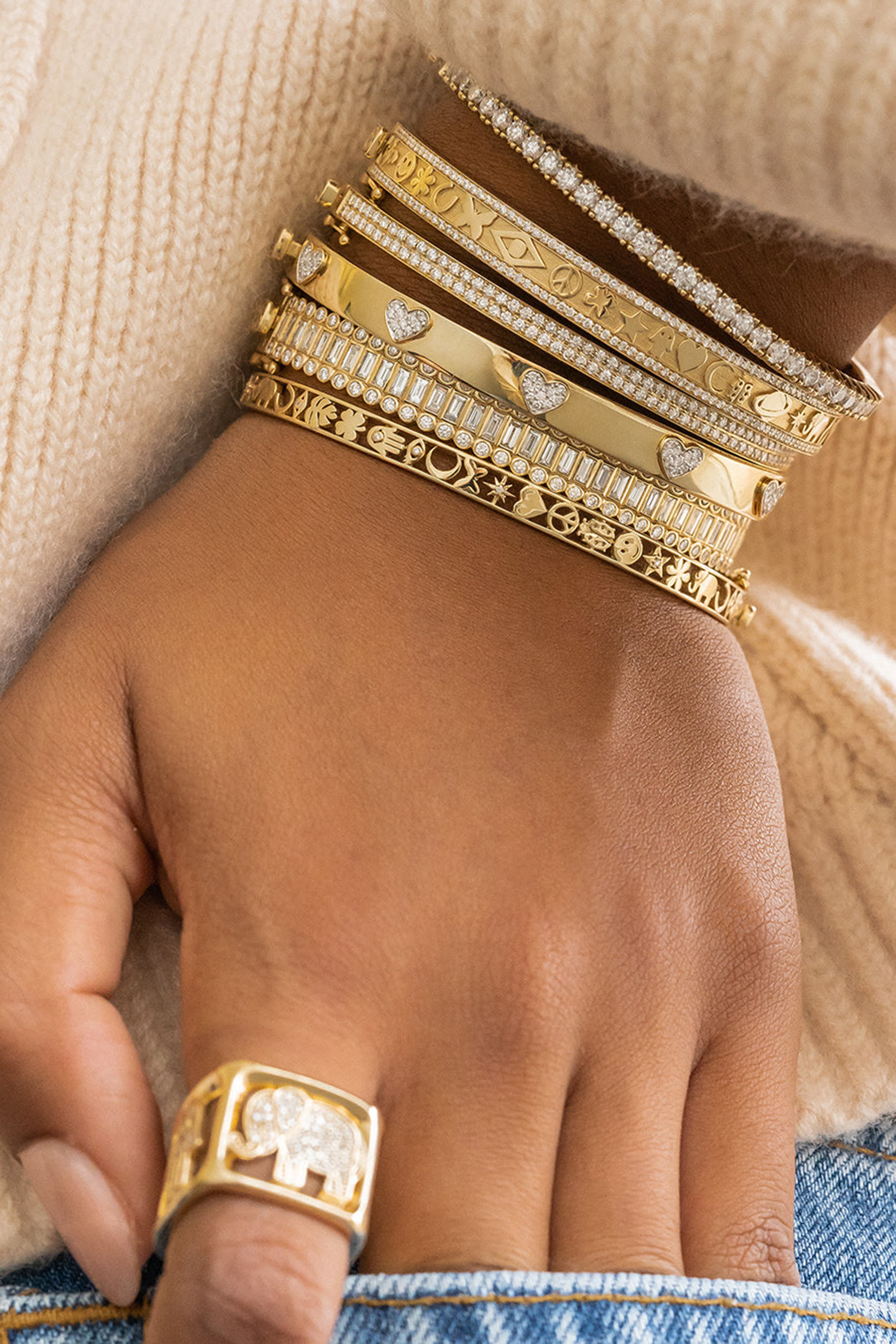 Open Icon Bangle, 14k Yellow Gold & Diamonds