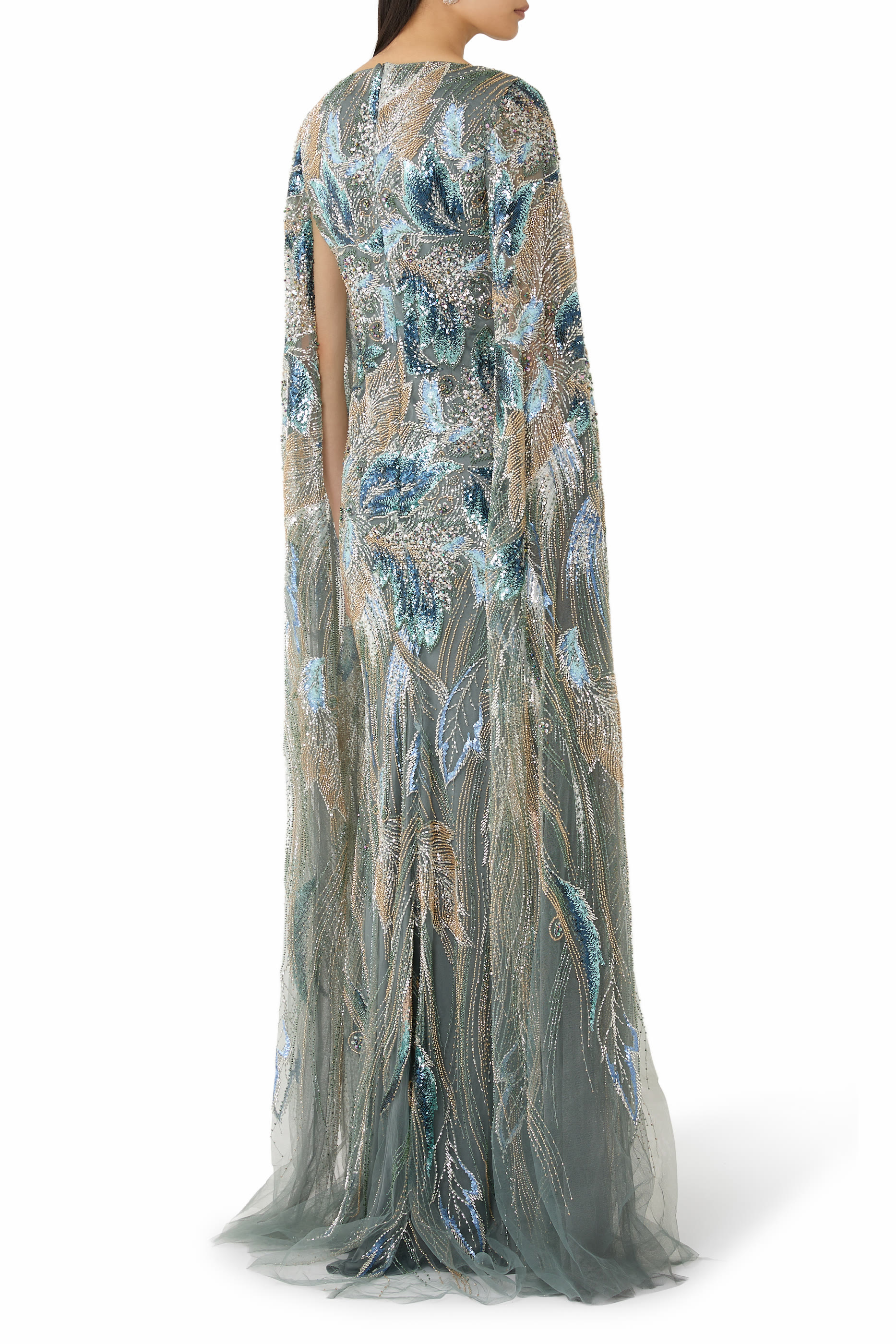 Beaded Cape Sleeves Gown