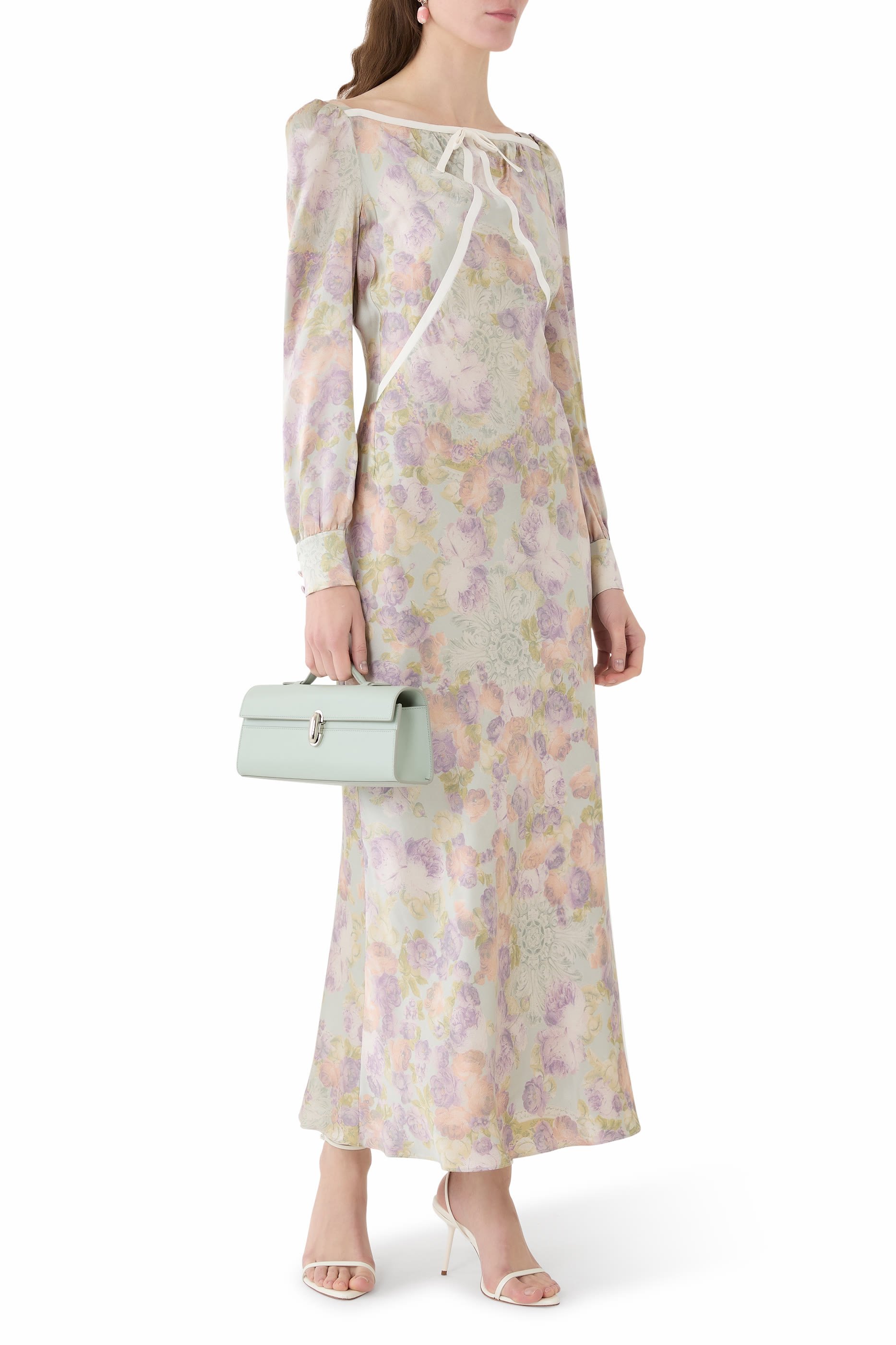 Print Silk Satin Midi Dress with Bow 