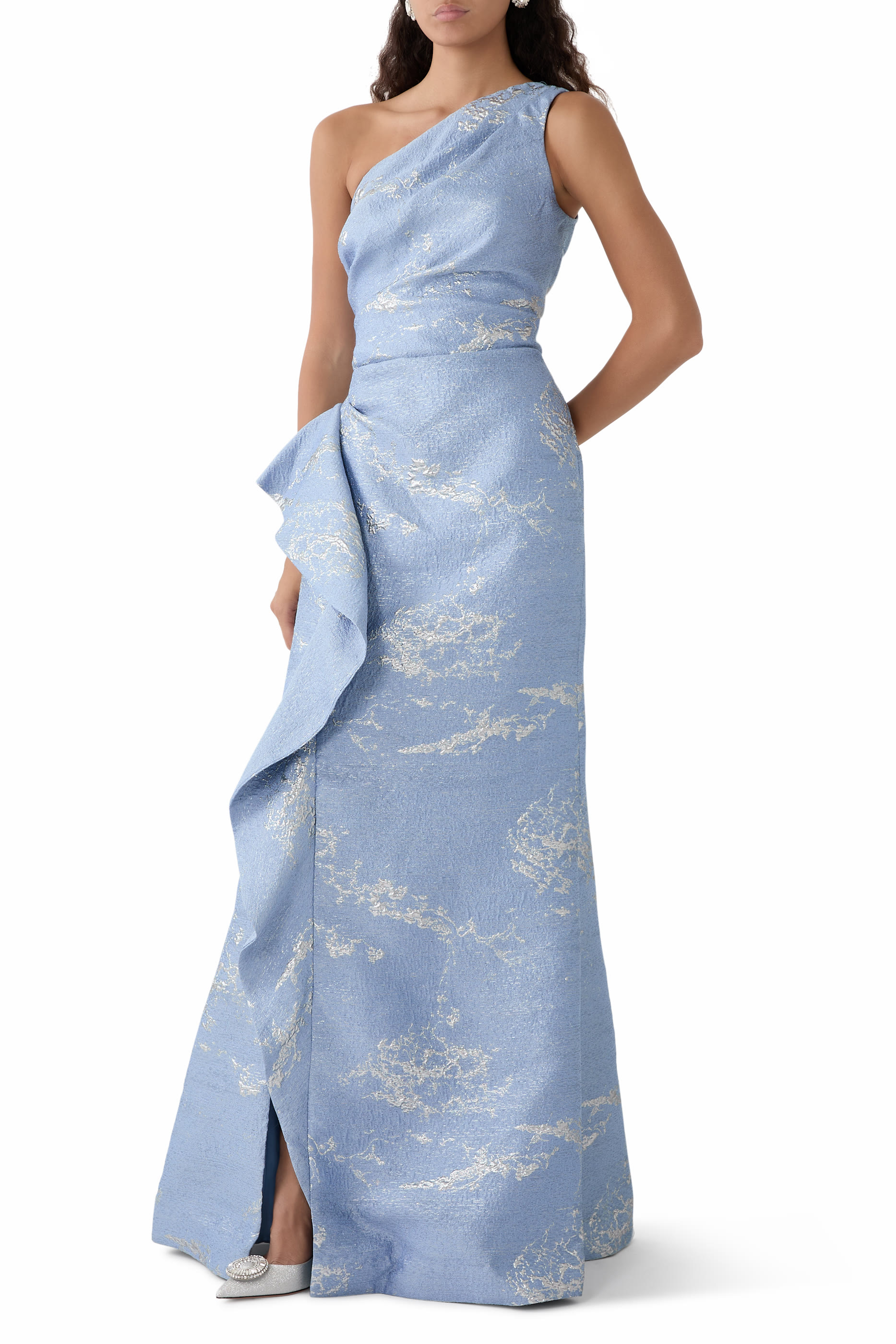 Metallic Jacquard One Shoulder Side Ruffle Gown