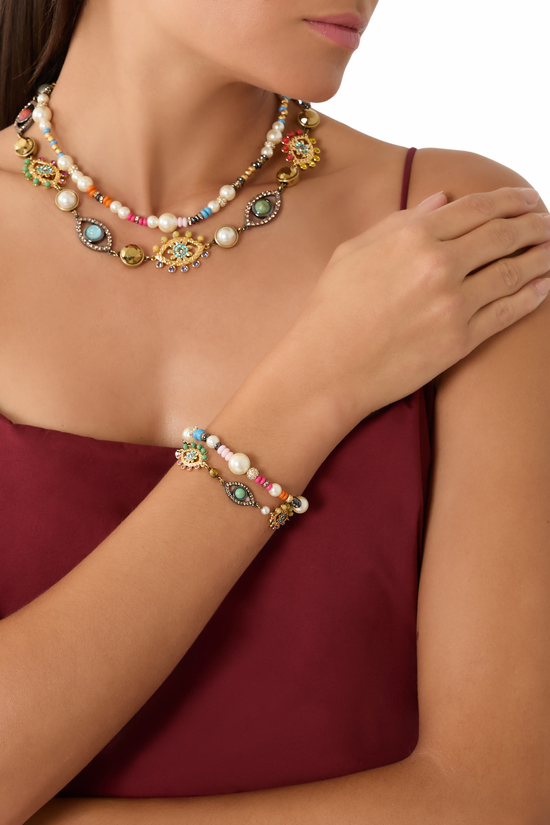 Multi-Strand Eye Bracelet, Brass & Crystals