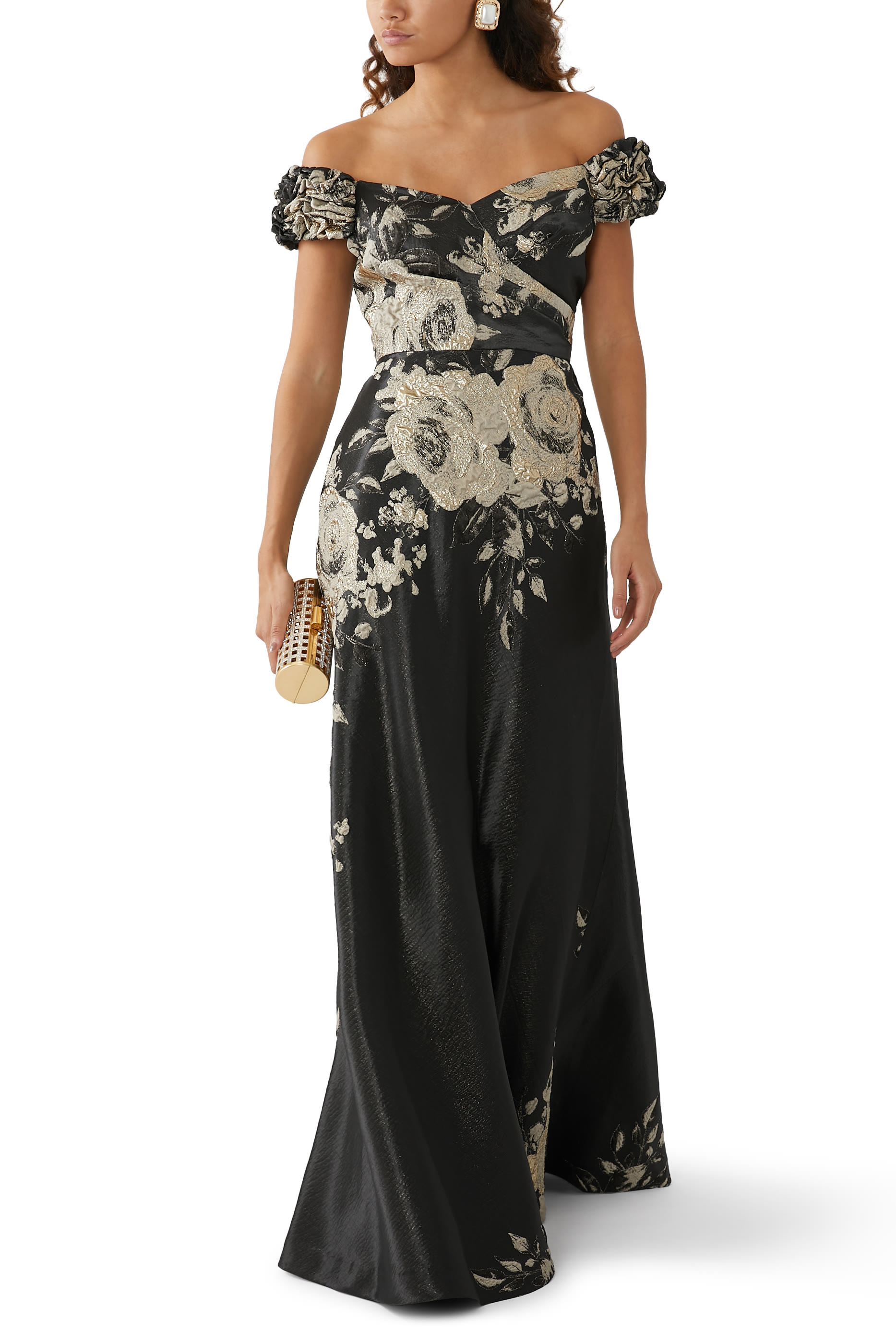 Formal Metallic Jacquard Floral Evening Gown