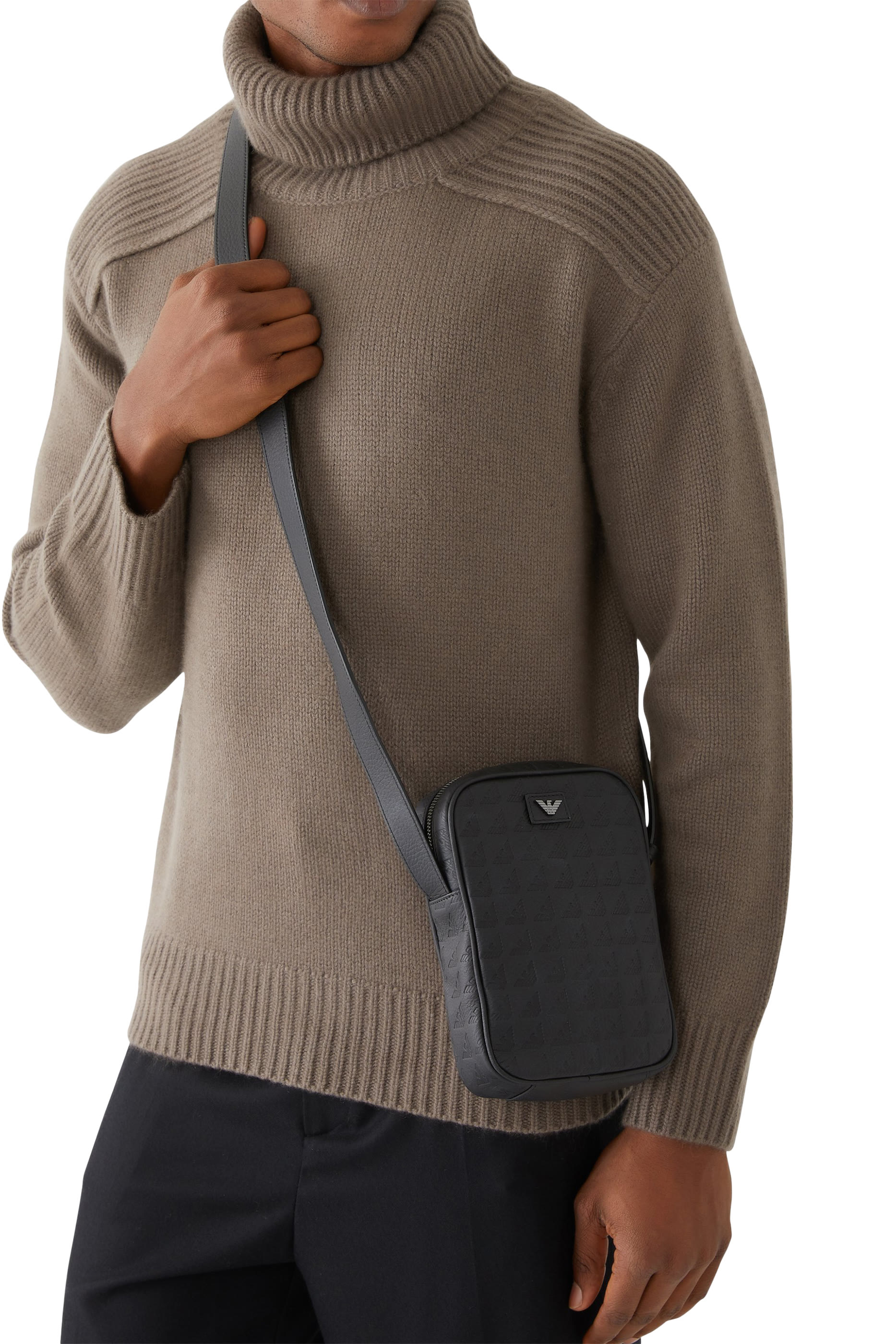 Flat Leather Shoulder Bag with All-Over Embossed Eagle