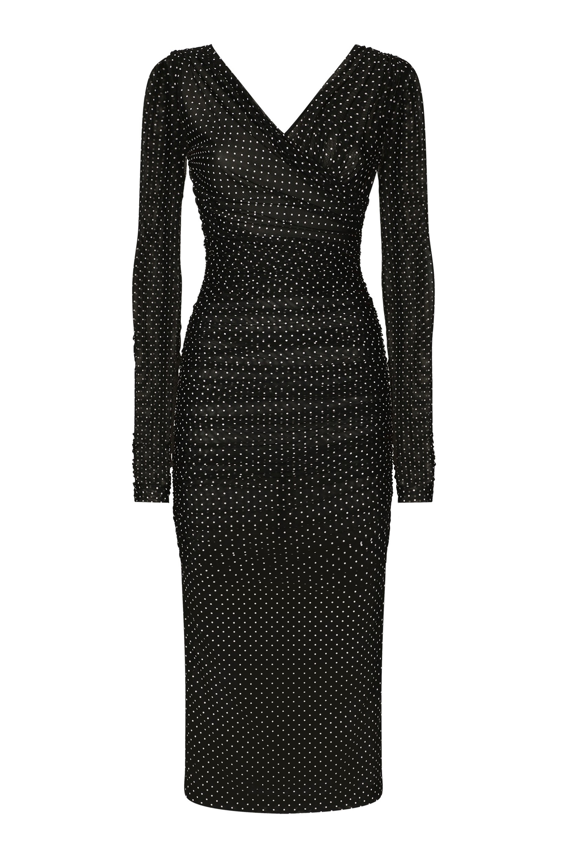 Tulle Calf-Length Dress with Draping and Polka-Dot Print