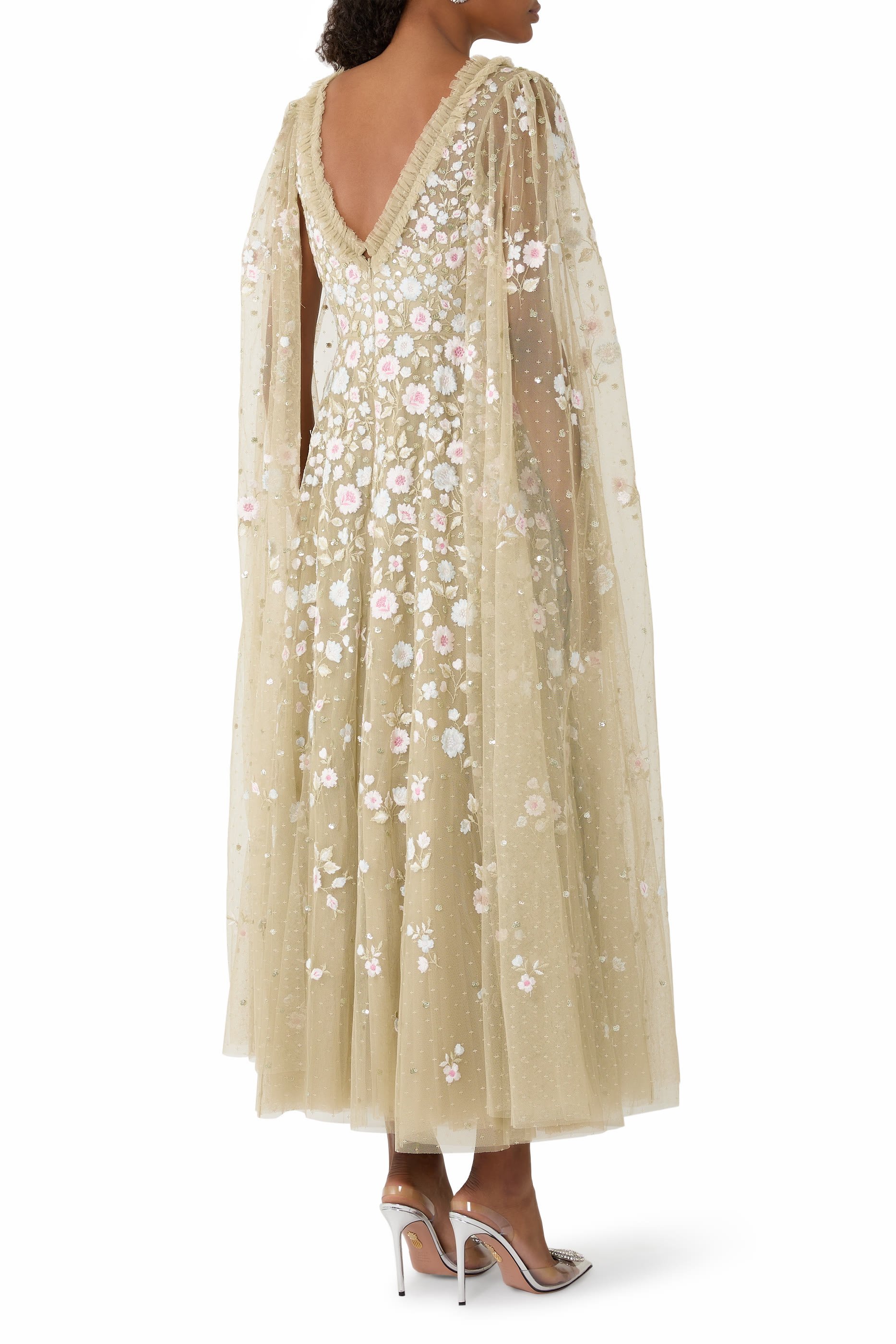 Cape-Detail Ethereal Blooms Maxi Dress