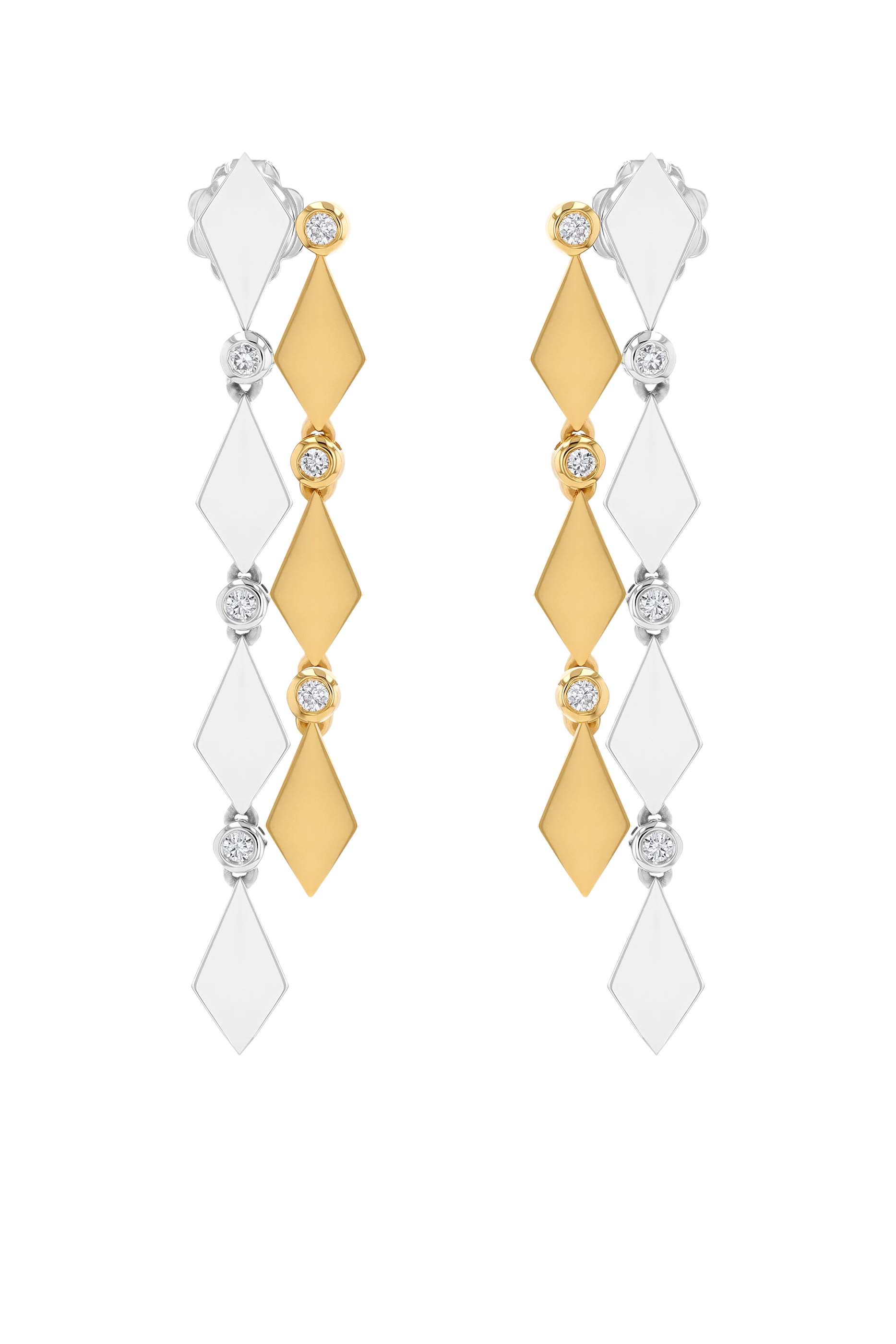 Mosaic Long Earrings, 18k Mixed Gold & Diamonds