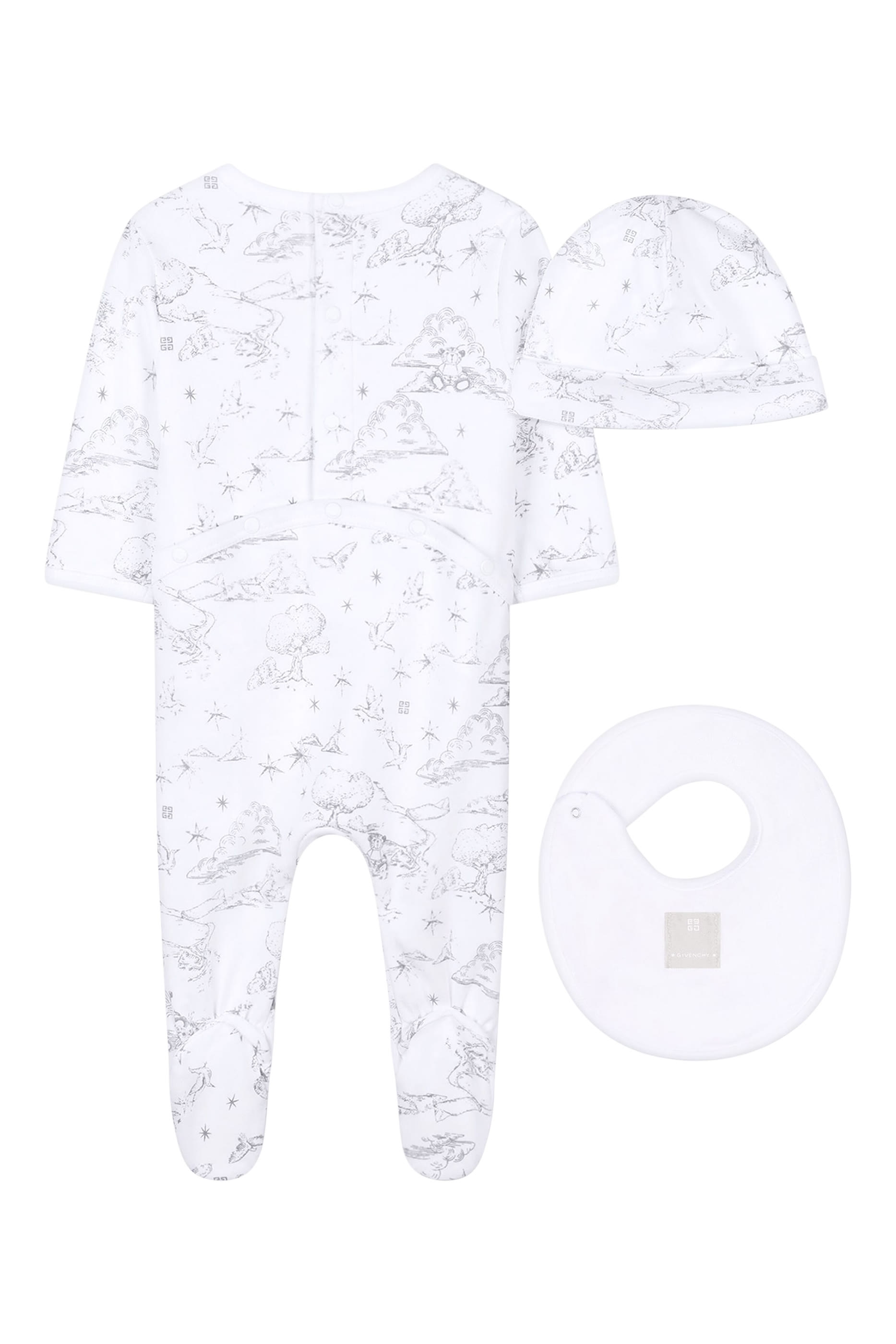 Kids Printed Bodysuit, Bib and Hat Set