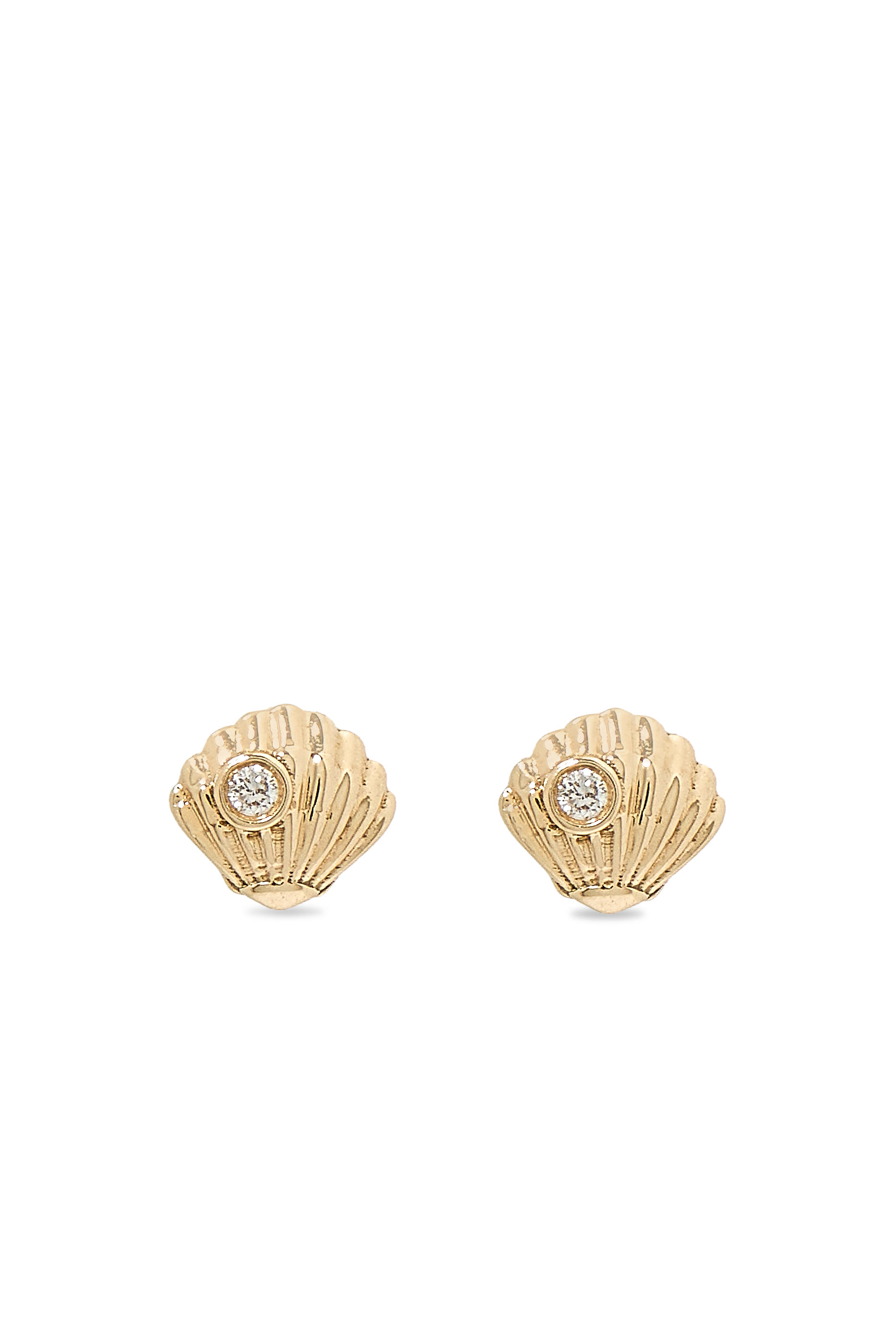 Kids Tiny Shell Clam Studs, 14K Yellow Gold &  Diamond