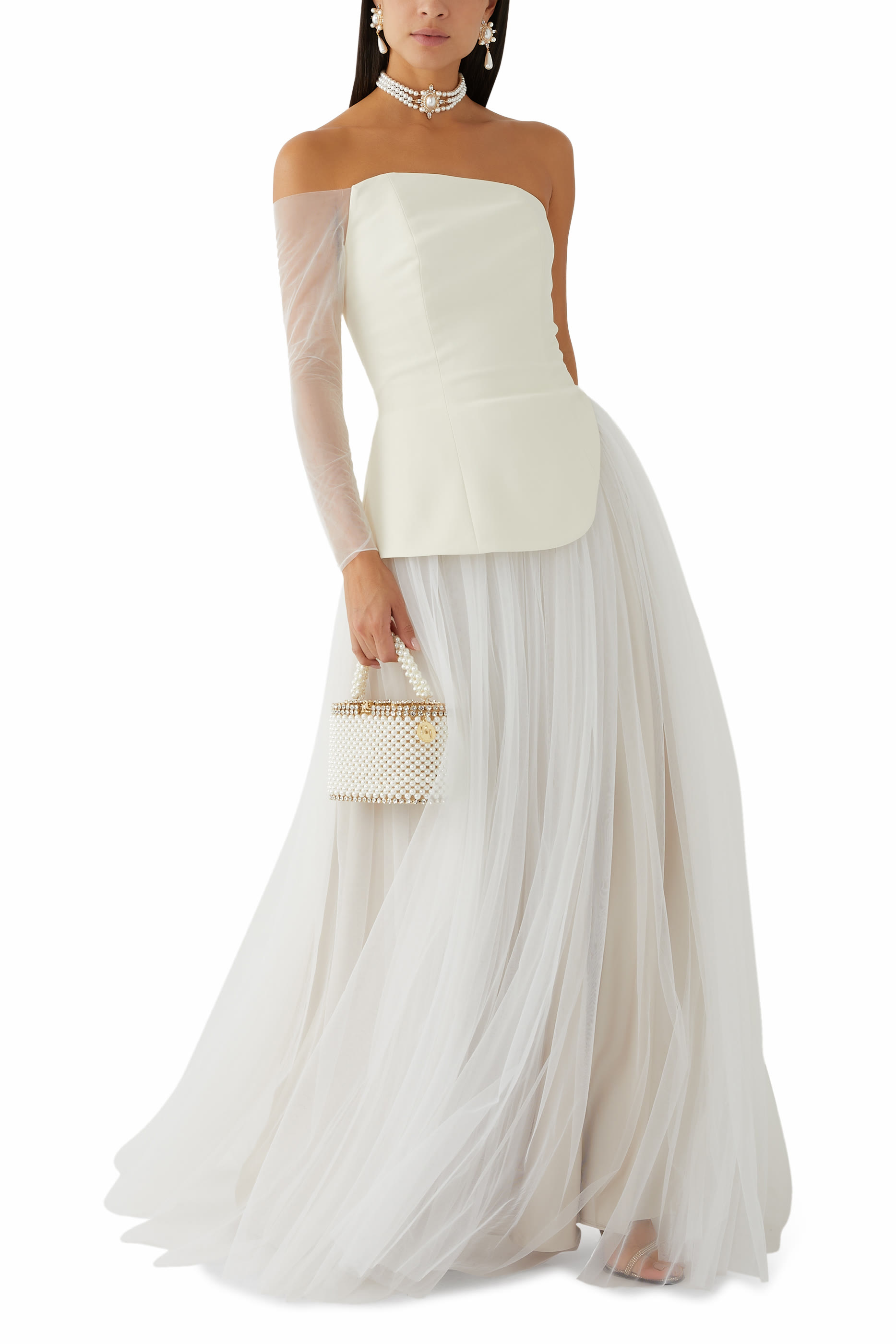 Asymmetric Crepe Gown with Tulle Skirt & Sleeve