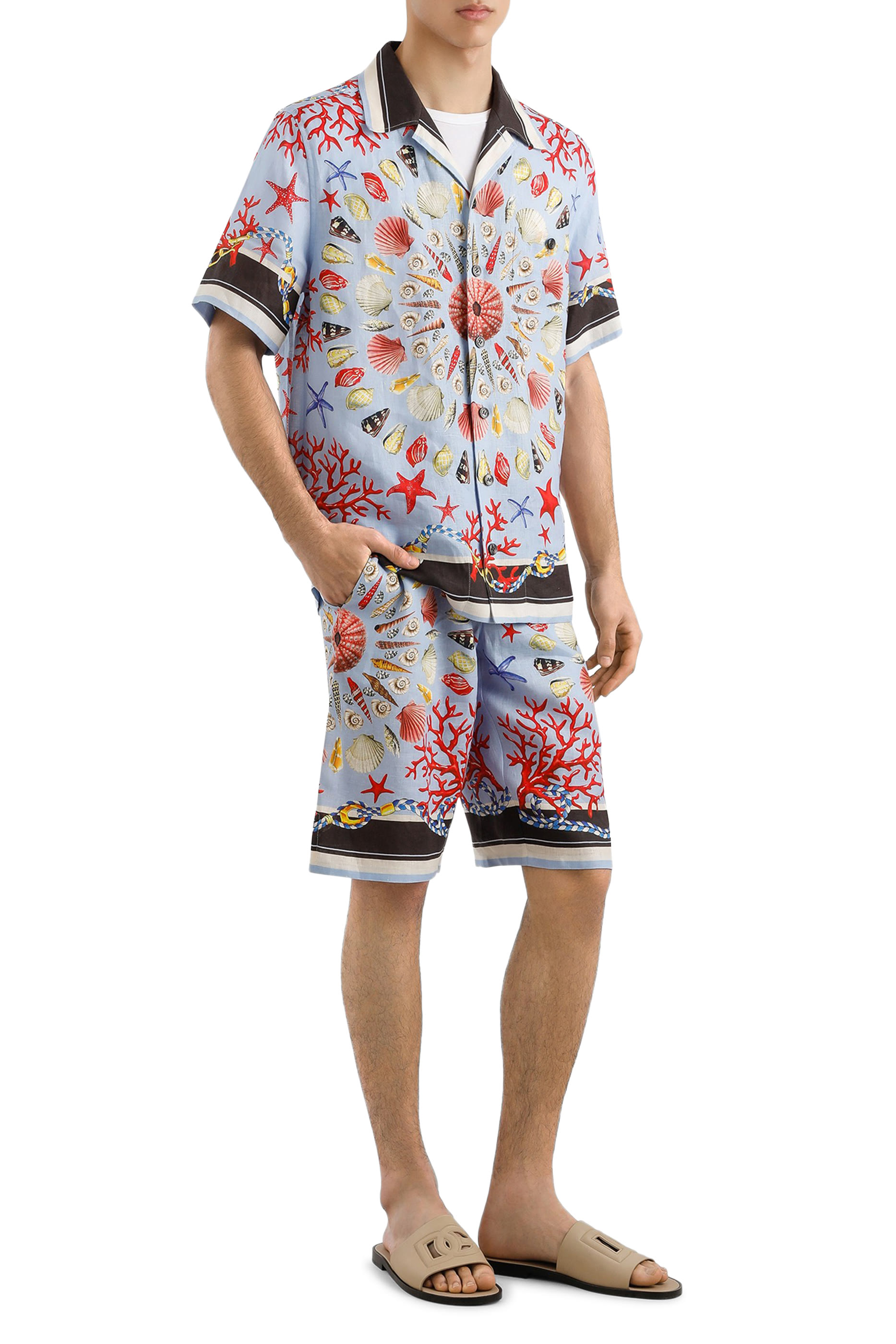 Shell-Print Hawaiian Linen Canvas Shirt