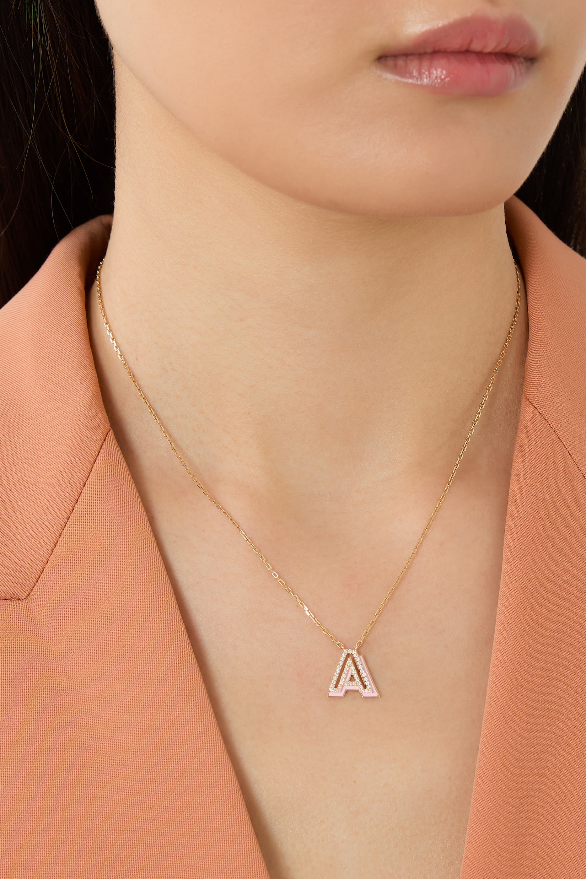 Letter &lsquo;A&rsquo; Mini Necklace, 18k Yellow Gold & Enamel, Diamonds