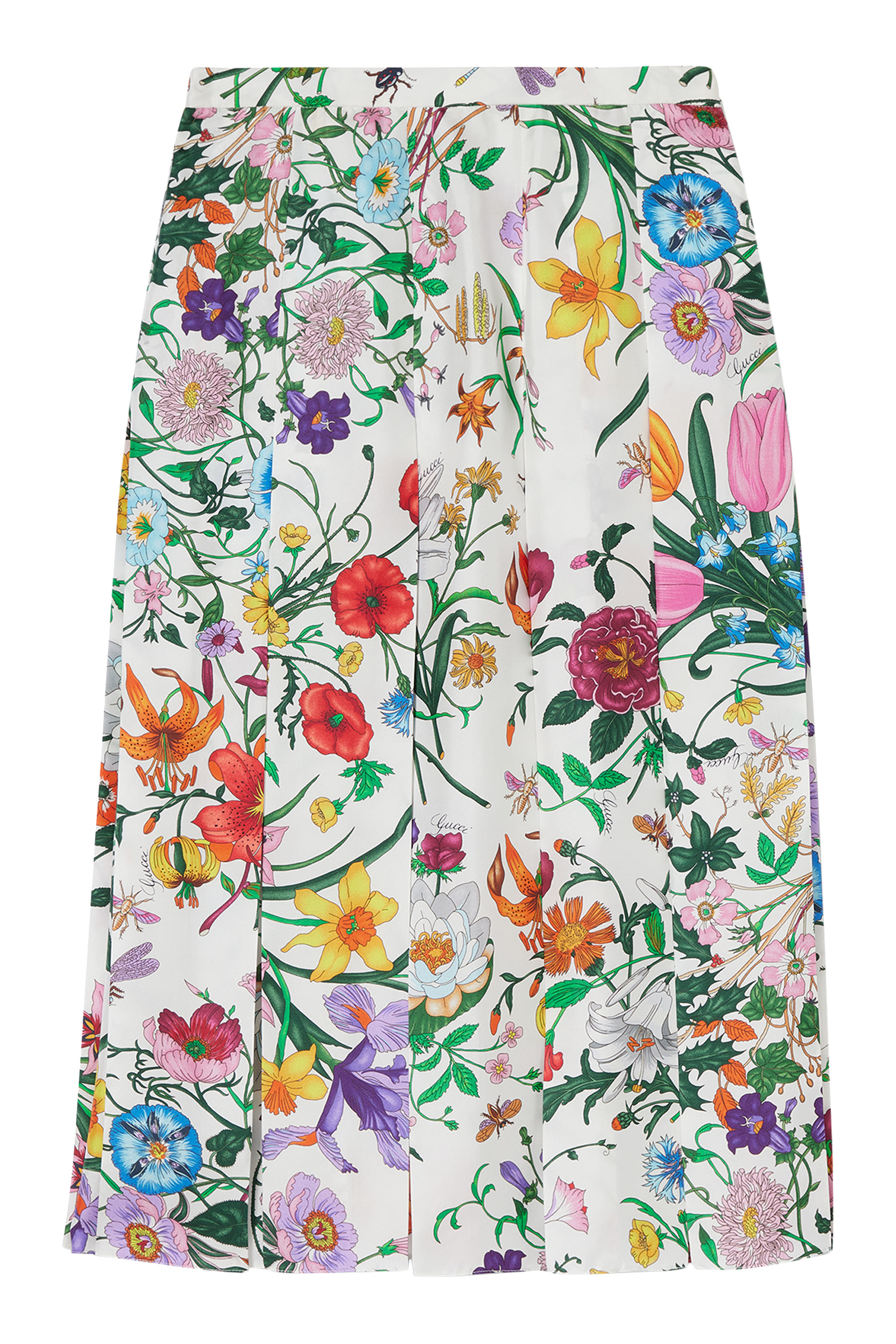 All-Over Flora Print Silk Twill Pleated Skirt