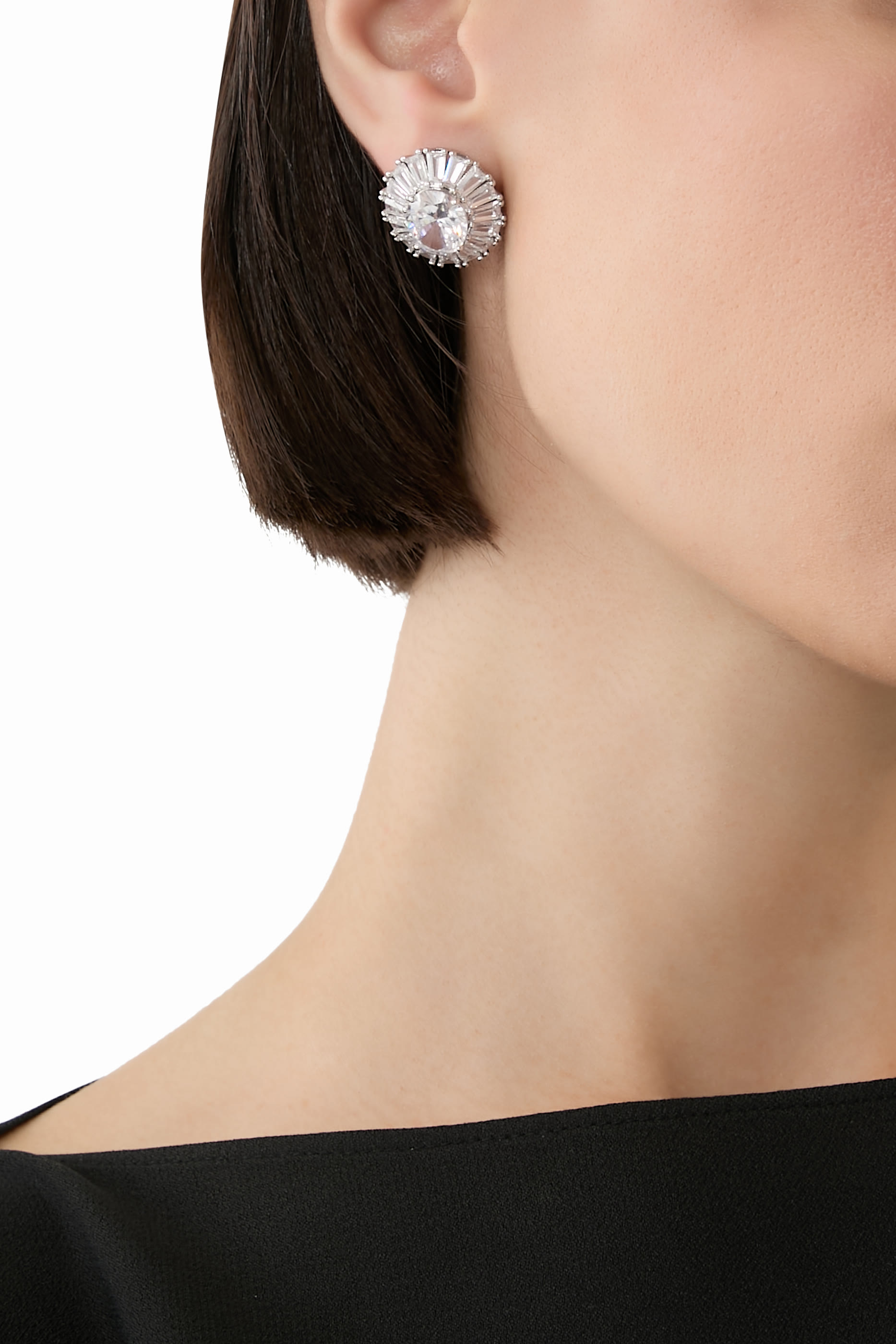 Oval Baguette Statement Button Earrings, Rhodium Plated Brass & Cubic Zirconia