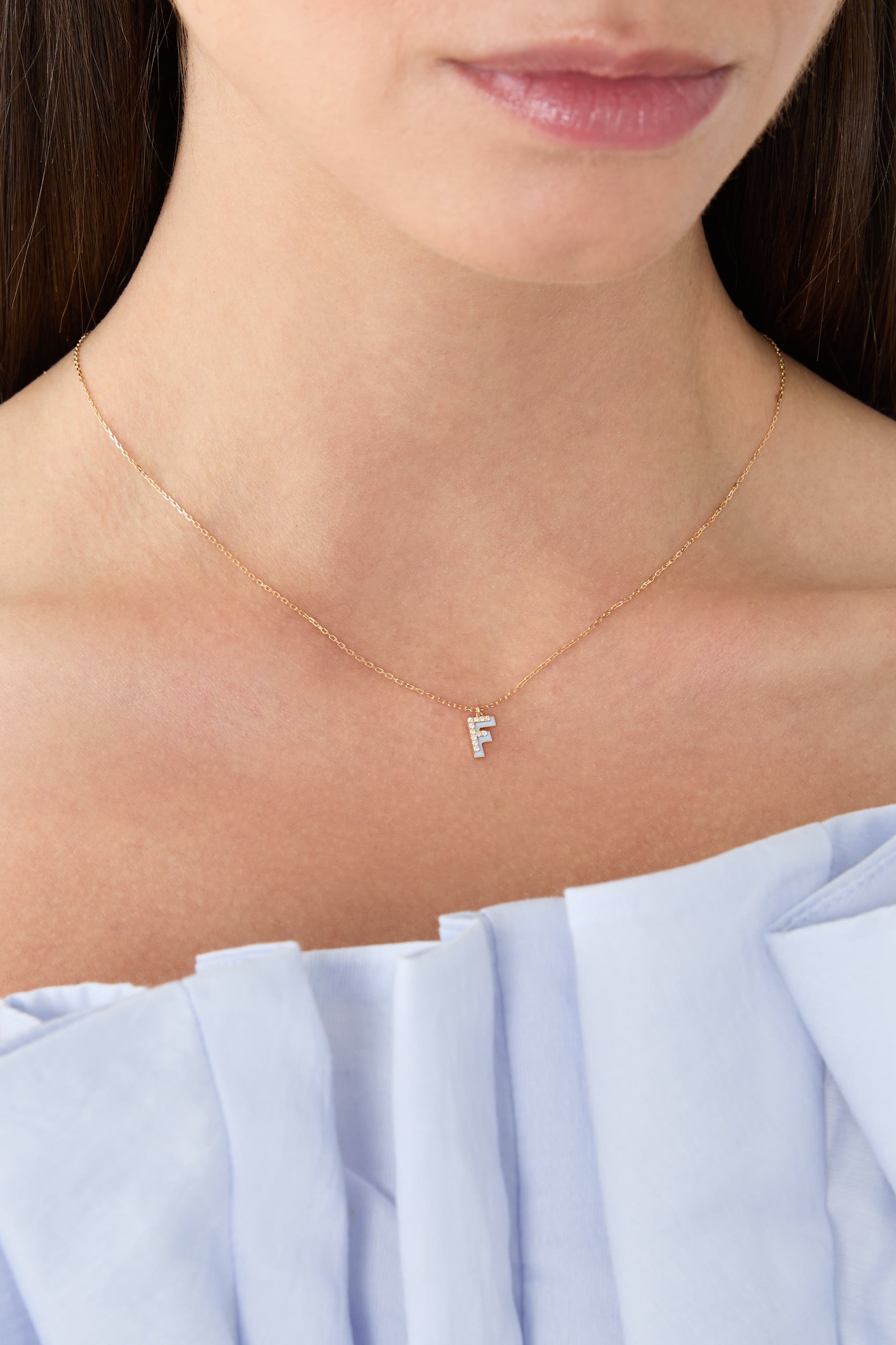 Letter F Silhouette Necklace, 18k Yellow Gold with Diamonds & Enamel