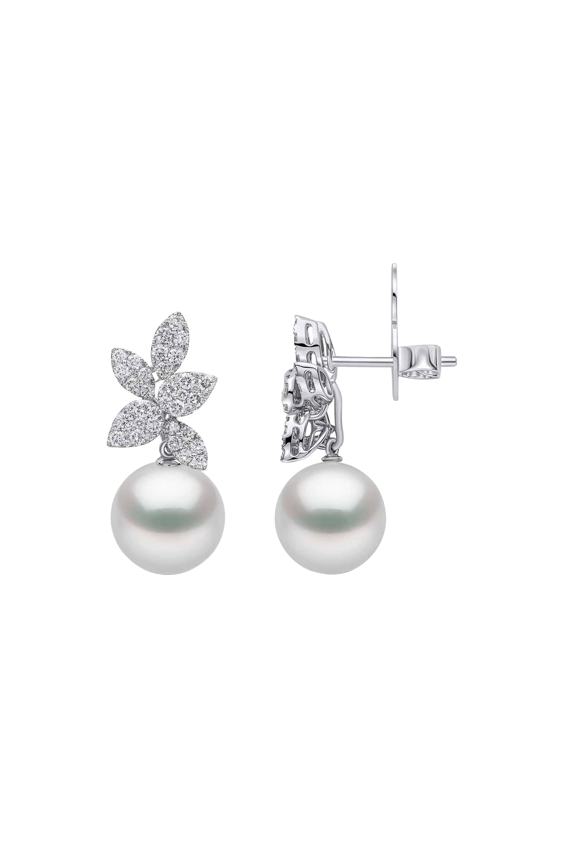 Glitz Motif Earrings, 18K White Gold with Pearls & Diamonds