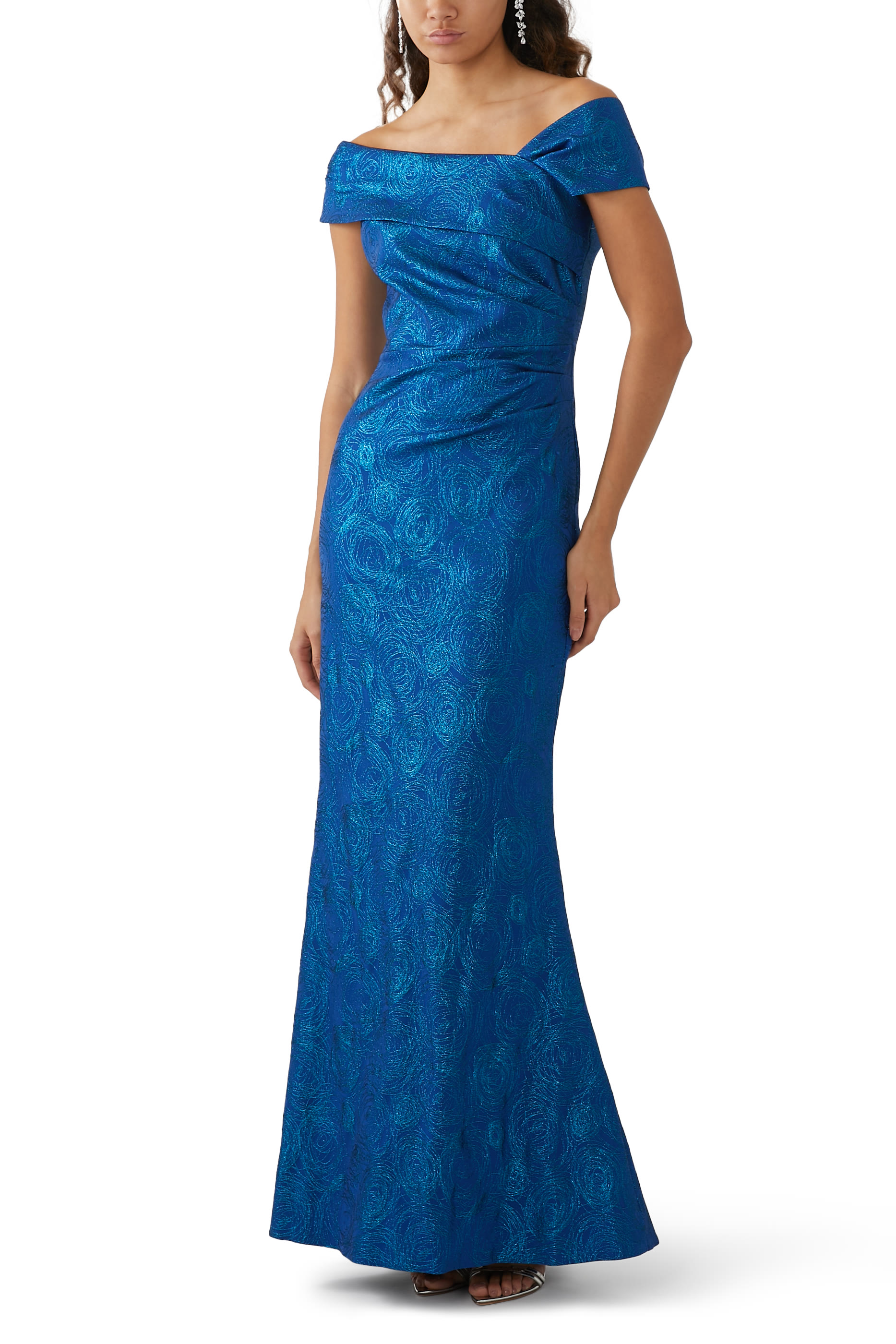 Stretch Jacquard Asymmetrical Swirl Gown