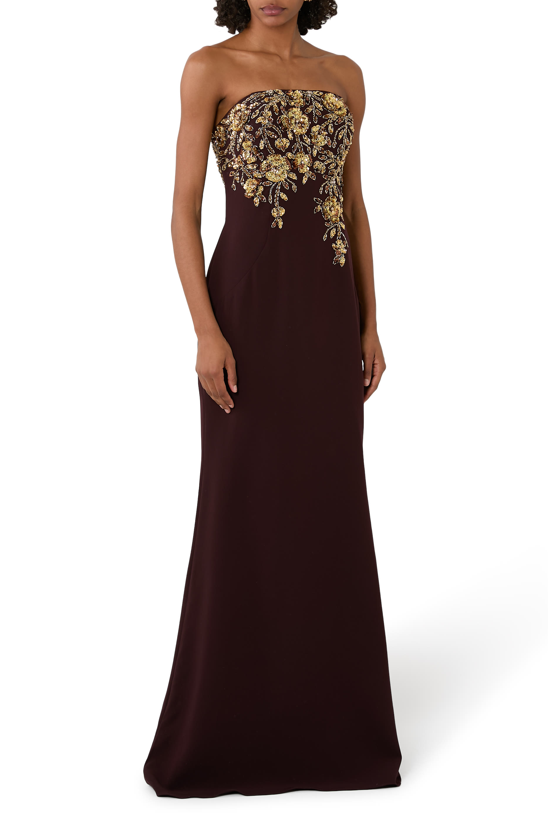 Embroidered Column Gown with Cape Sleeves