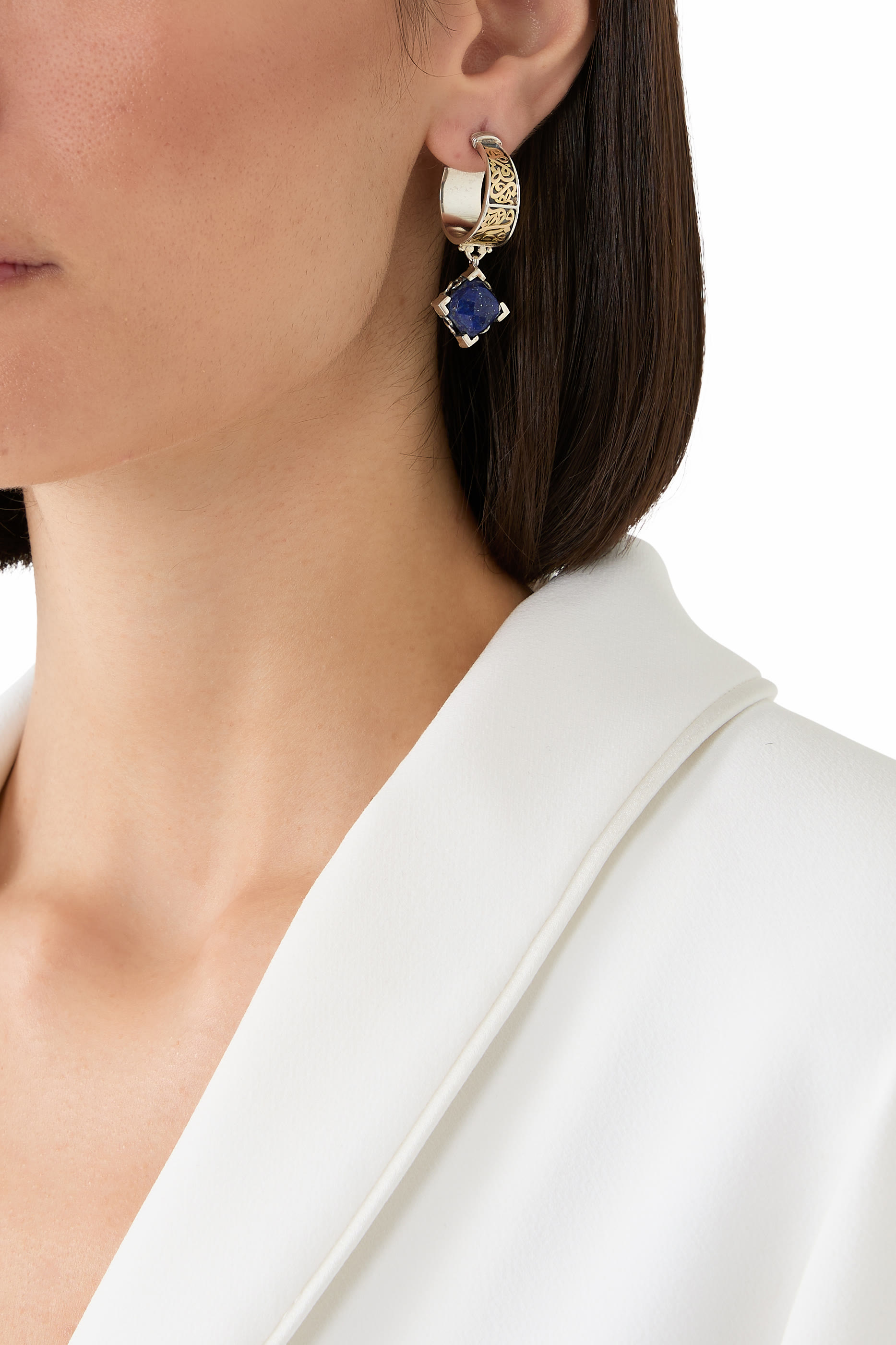 Blessing, Happiness, Safety Calligraphy Hoop Earrings, 18k Yellow Gold & Sterling Silver