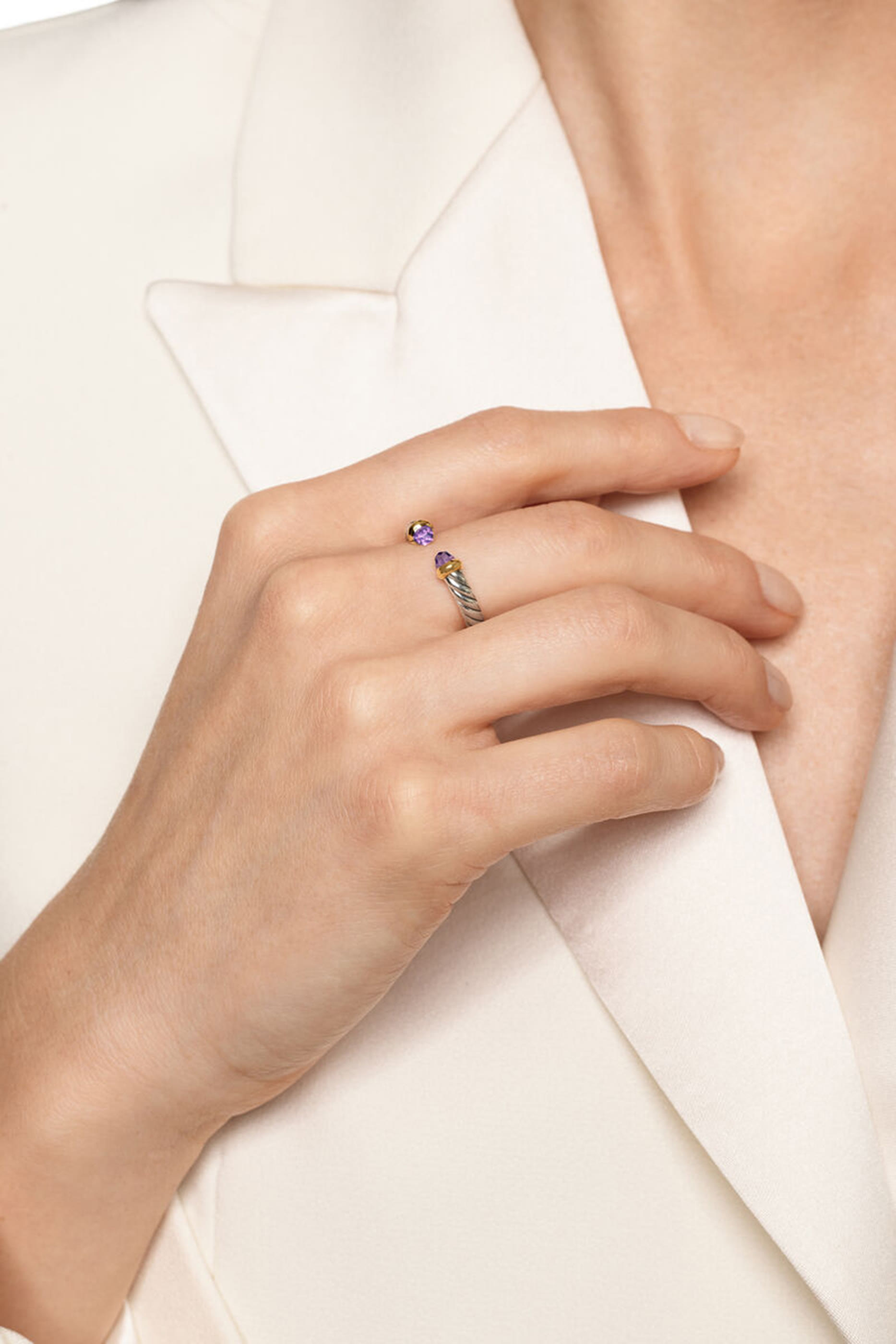 Petite Cable Open Ring, Sterling Silver, 14k Yellow Gold & Amethyst