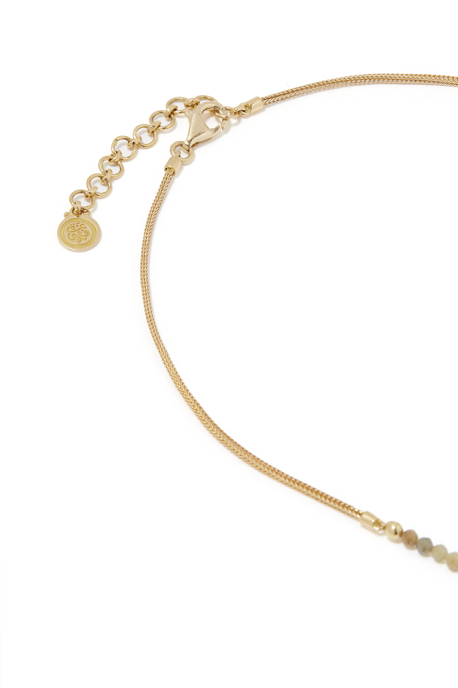 Kufi Calligraphy Necklace, 18k Yellow Gold & Ruby