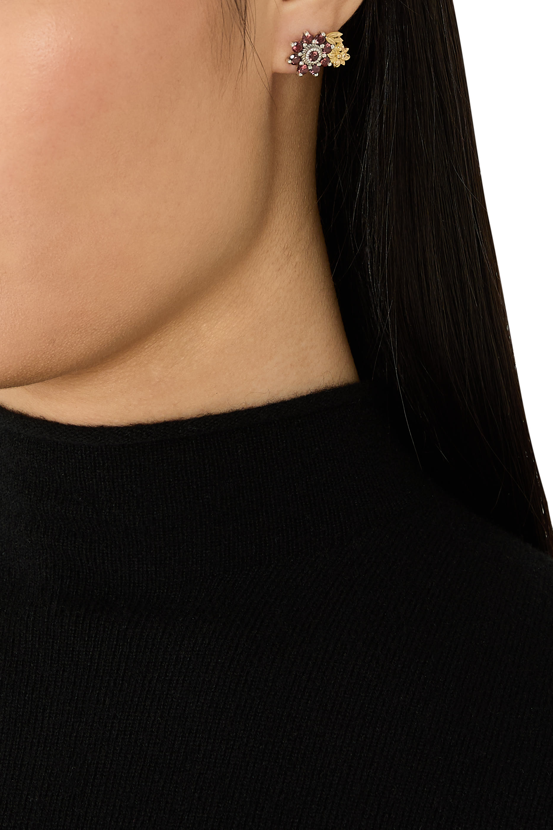 Mismatched Floral Earrings, 18K Yellow Gold with Sterling Silver &  Zircon 