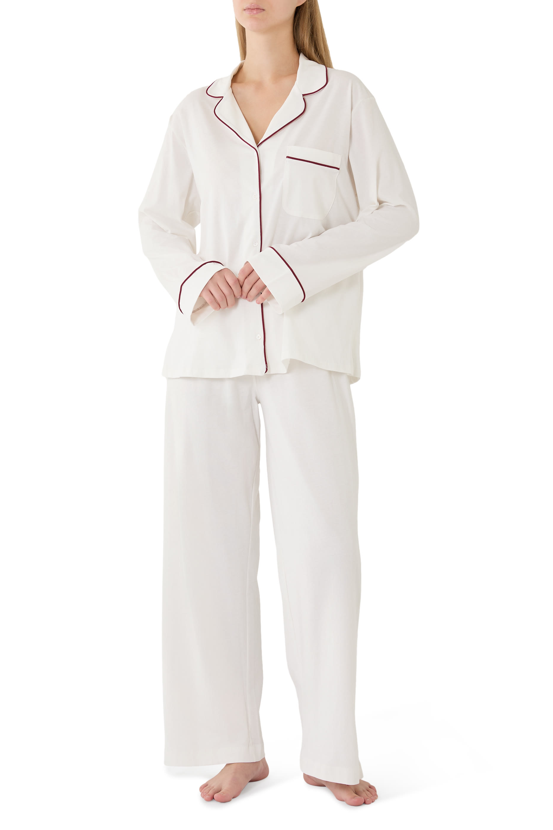  Organic Cotton Brushed Jersey Relaxed Piped Pyjama Set 