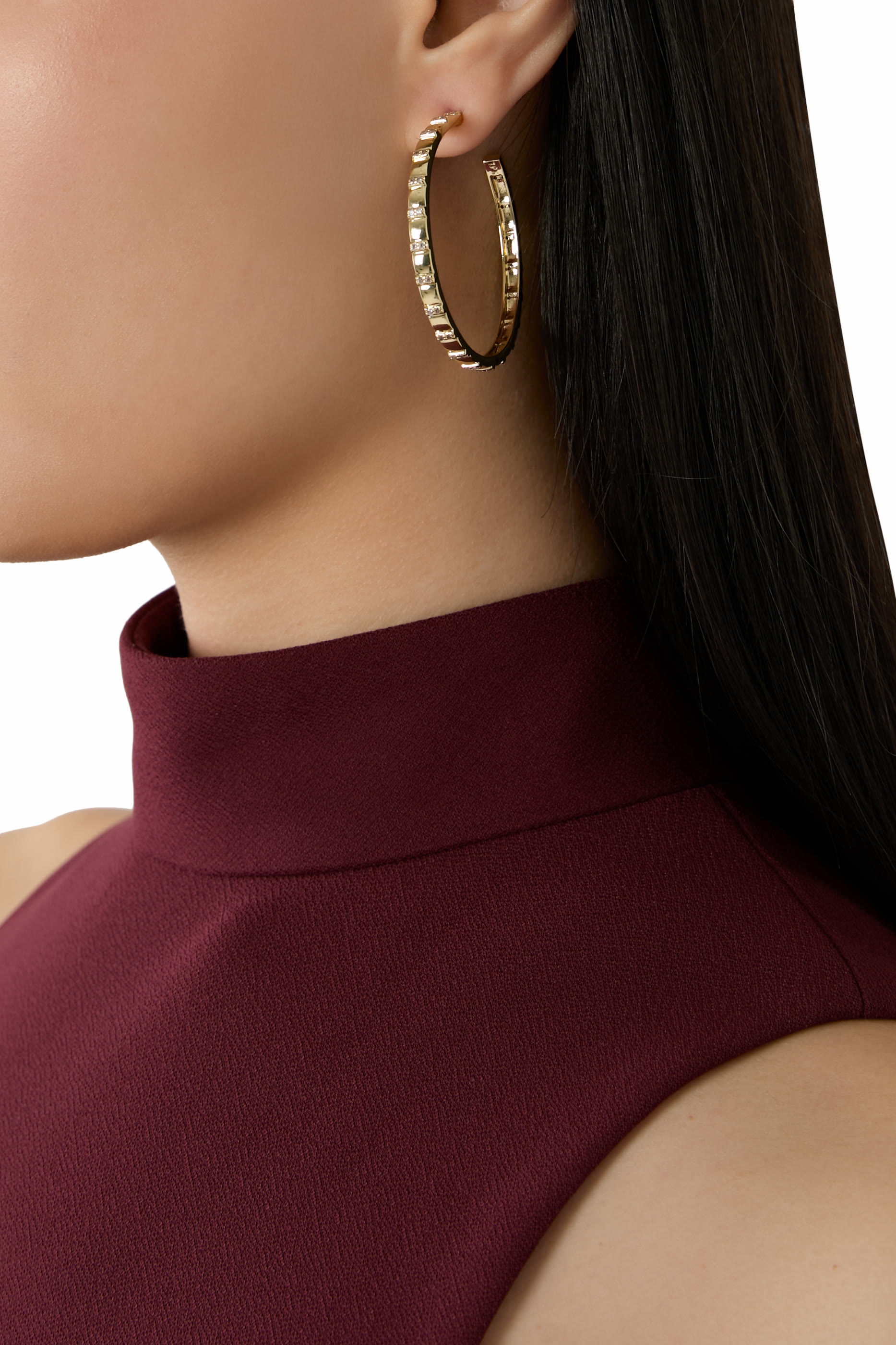  Textured Gold Hoops with CZ Accents, Gold-Plated Brass