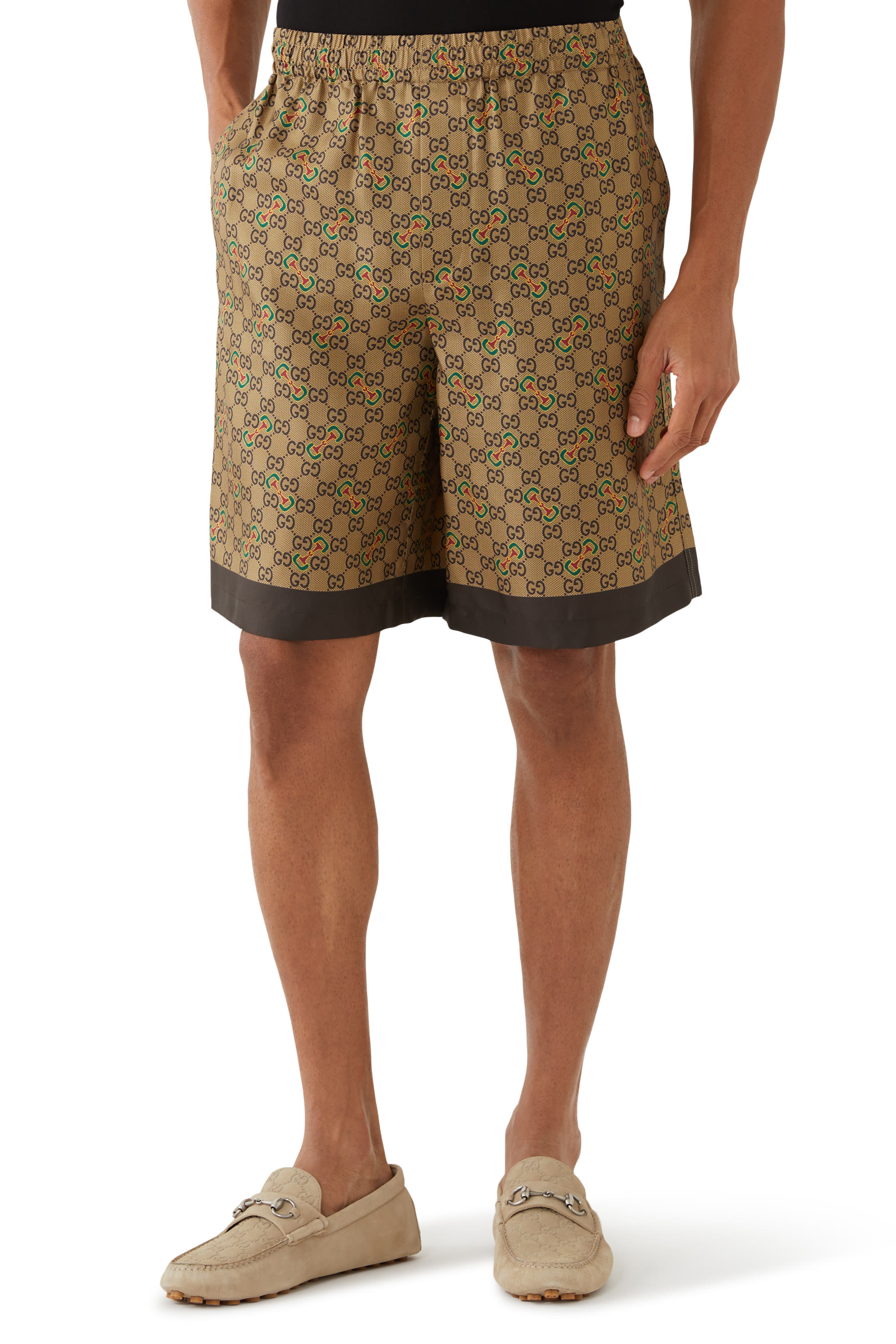 GG Horsebit Print Silk Twill Shorts