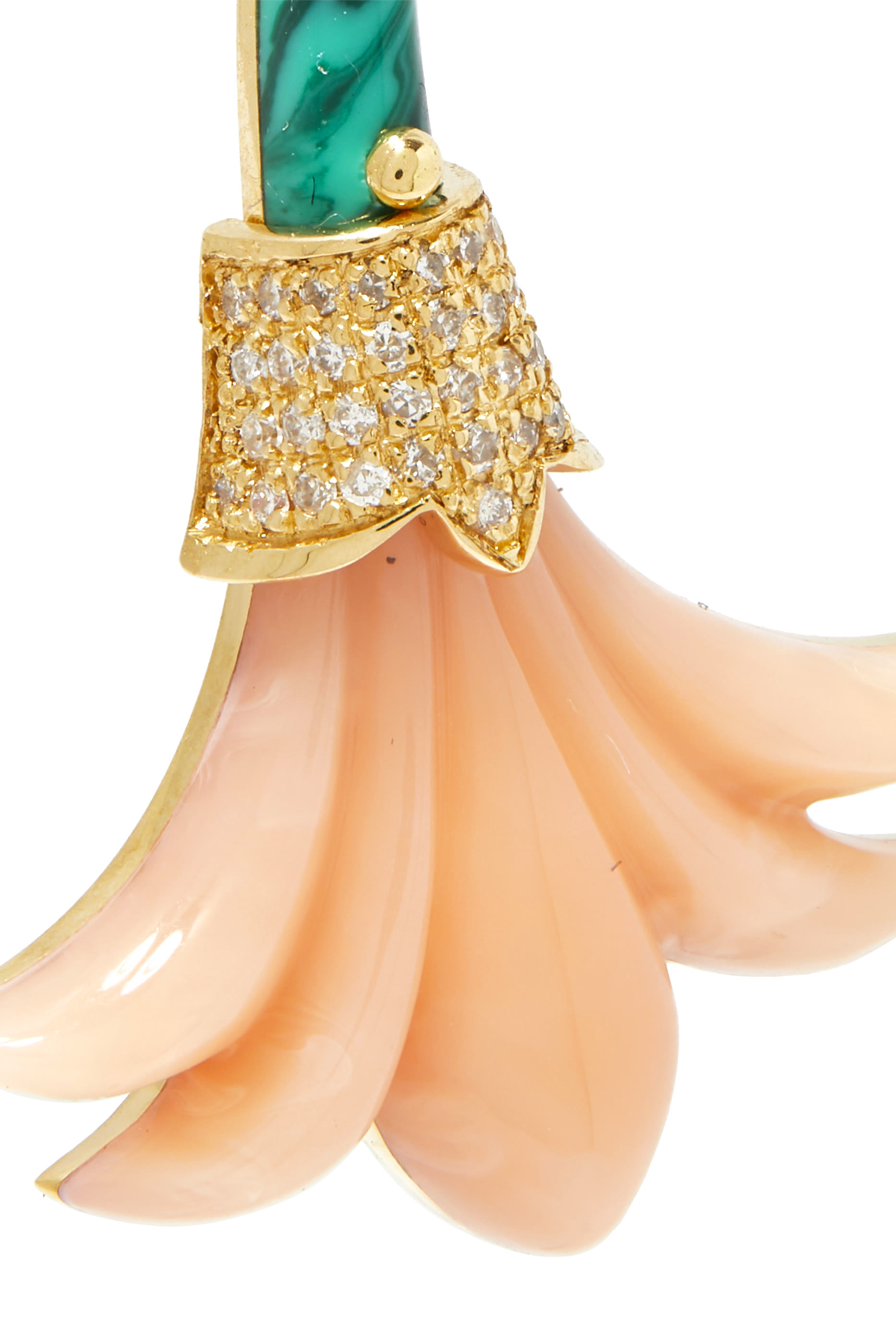 Big Flower Earrings, 18k Yellow Gold with Diamonds, Malachite & Pink Coral