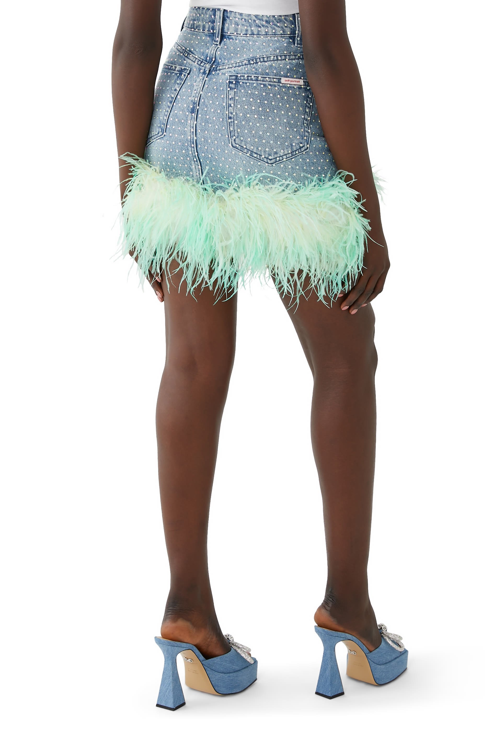 Blue Rhinestone Feather Denim Skirt