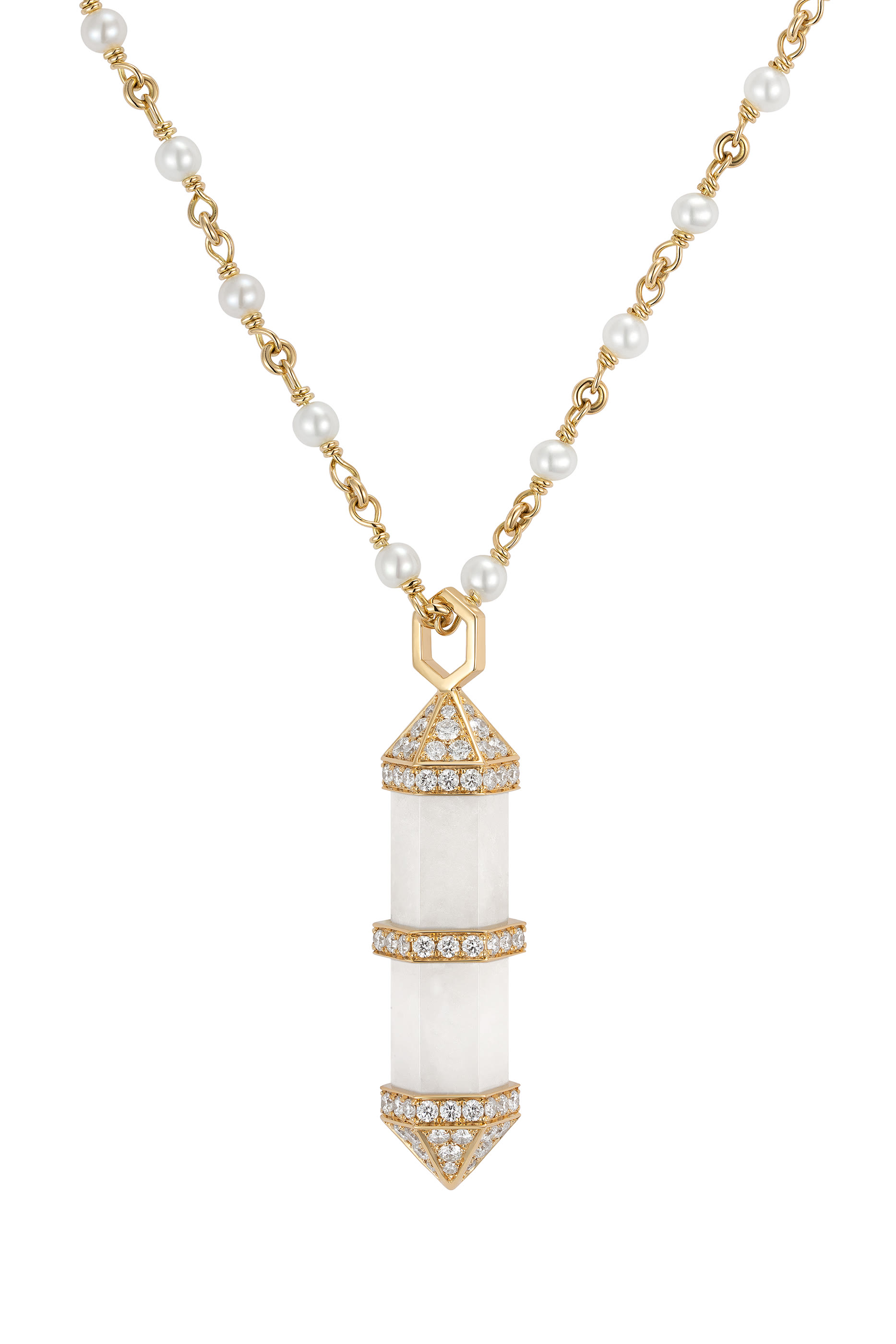 Chakra Medium Vertical Necklace, 18k Yellow Gold with Diamonds & Milky Quartz
