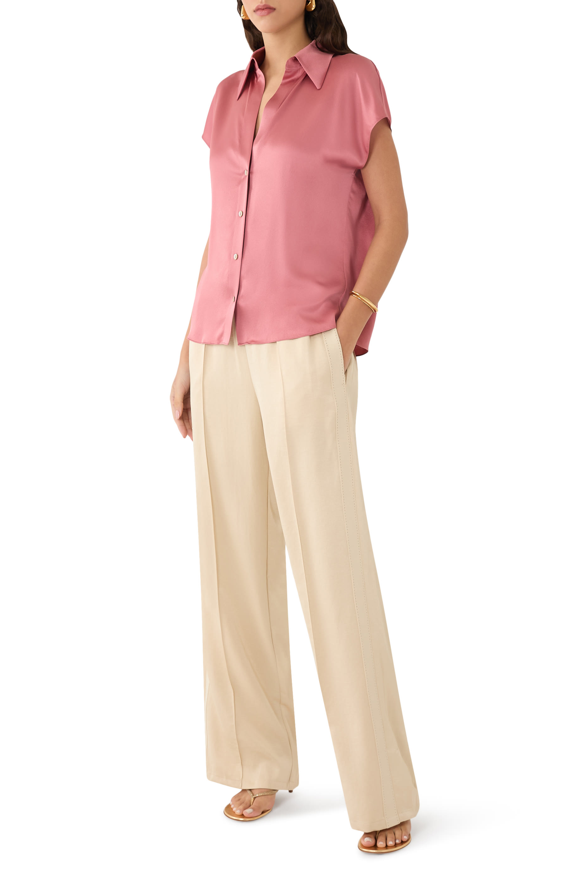 Silk Cap-Sleeve Ruched-Back Blouse