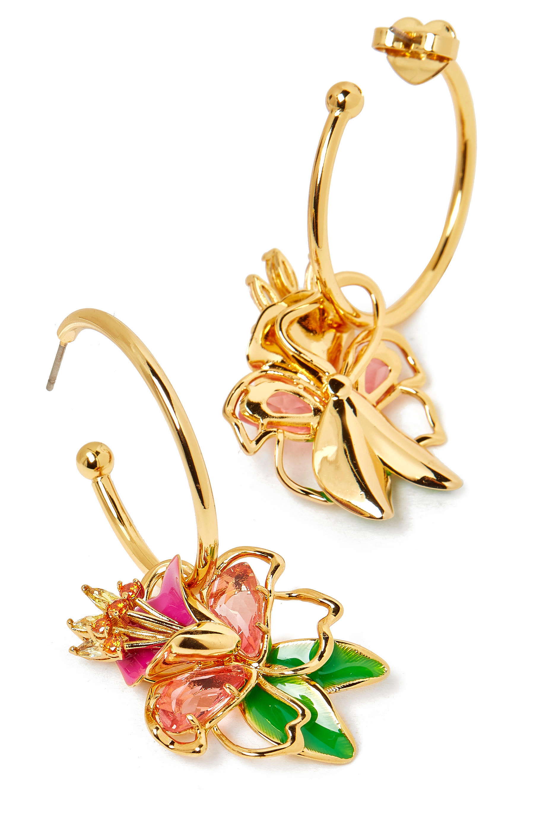 Paradise Floral Charm Hoops, Plated Metal & Cubic Zirconia, Glass Stone, Enamel, Titanium Posts