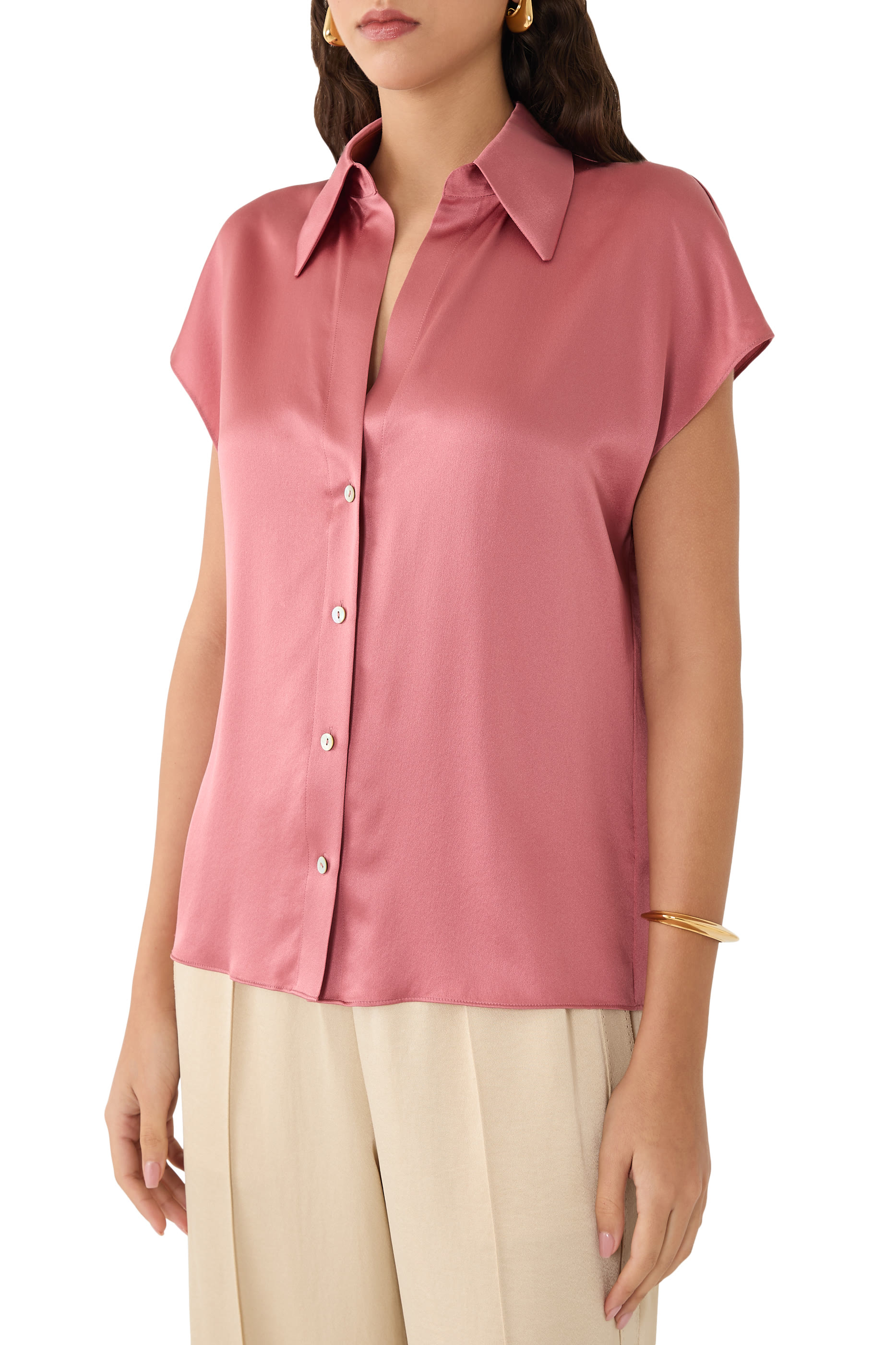 Silk Cap-Sleeve Ruched-Back Blouse