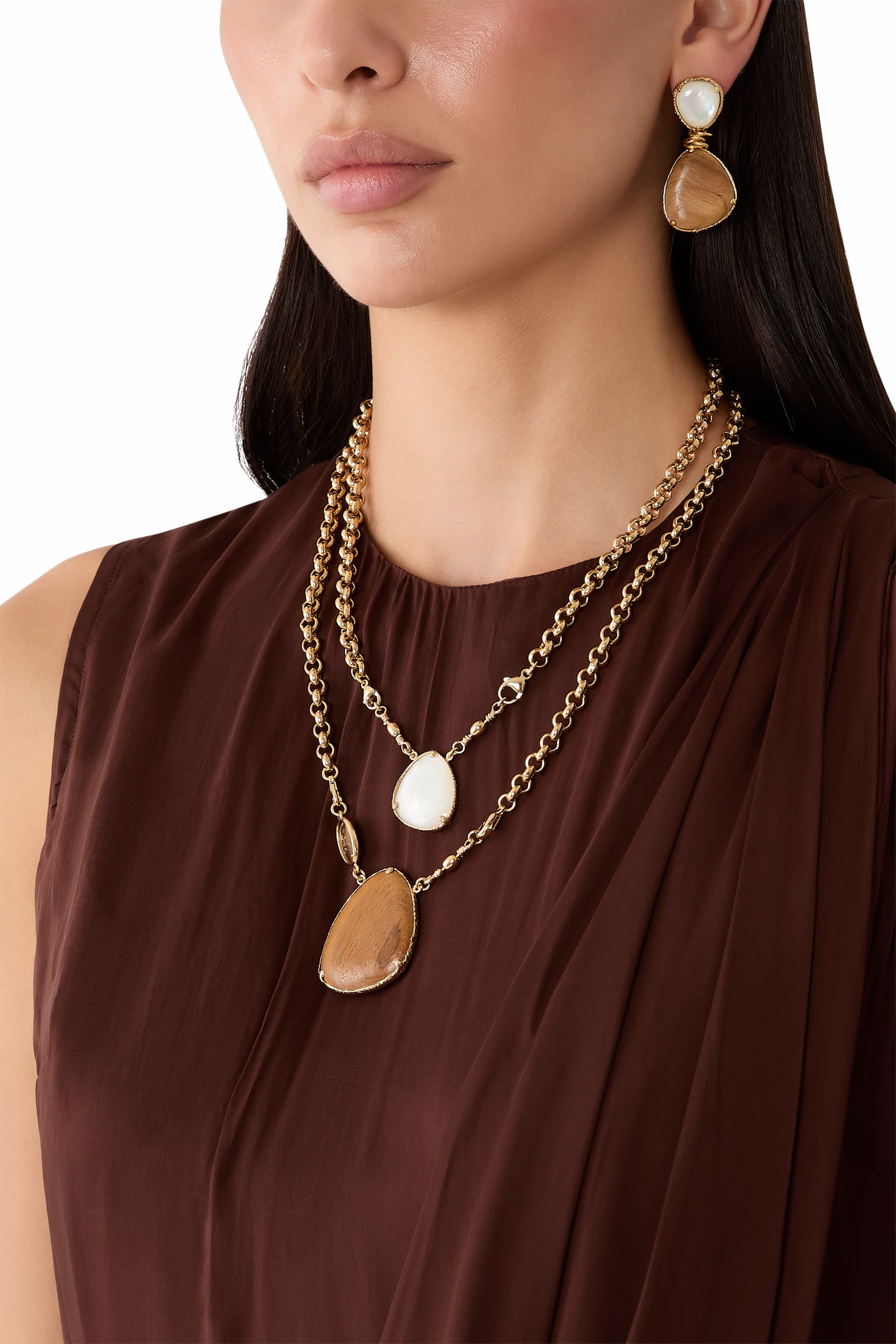 Silia Earrings, Gold-Plated Brass, Wood & White Mother-of-Pearl