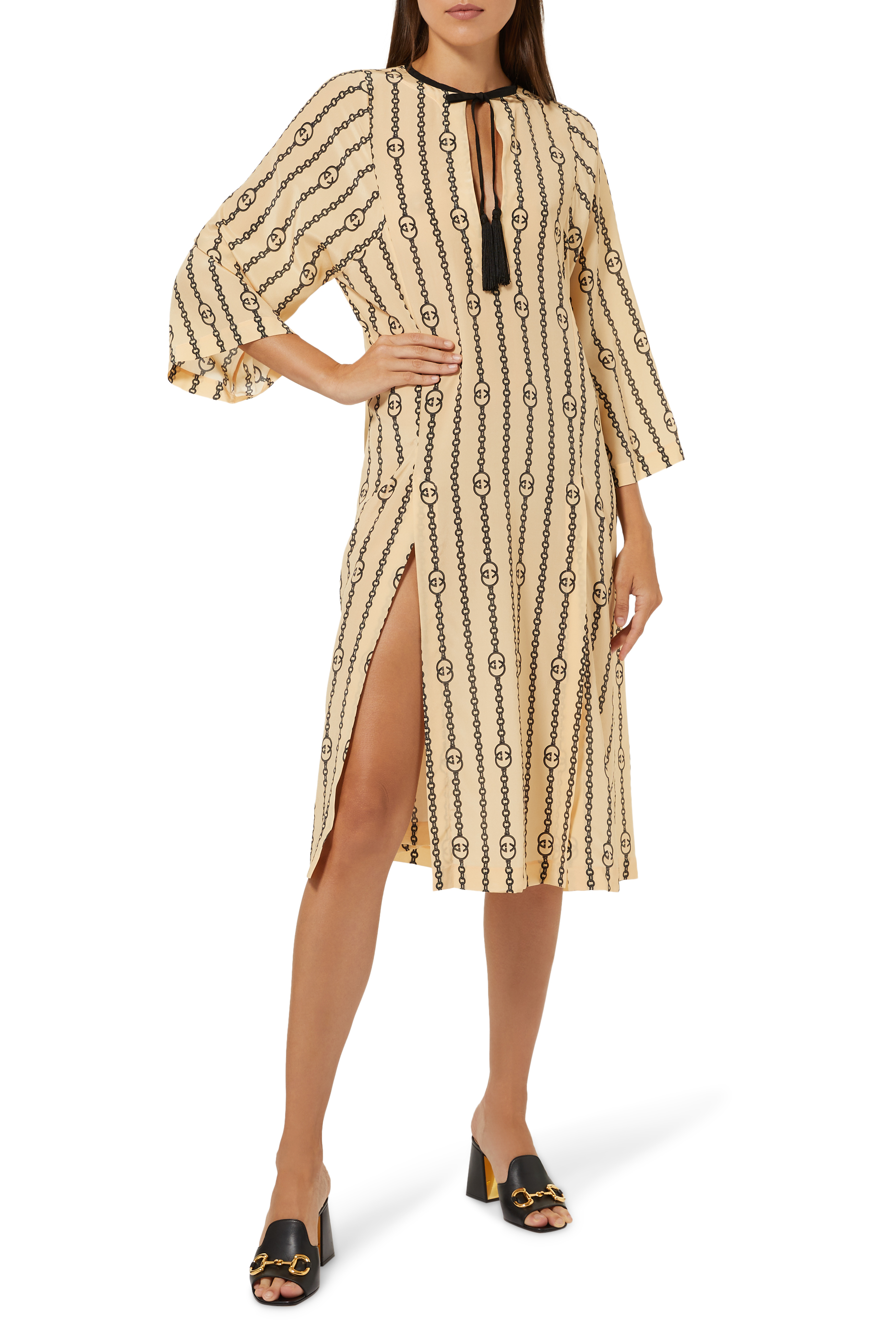 Interlocking G Stripe Chain Print Silk Kaftan