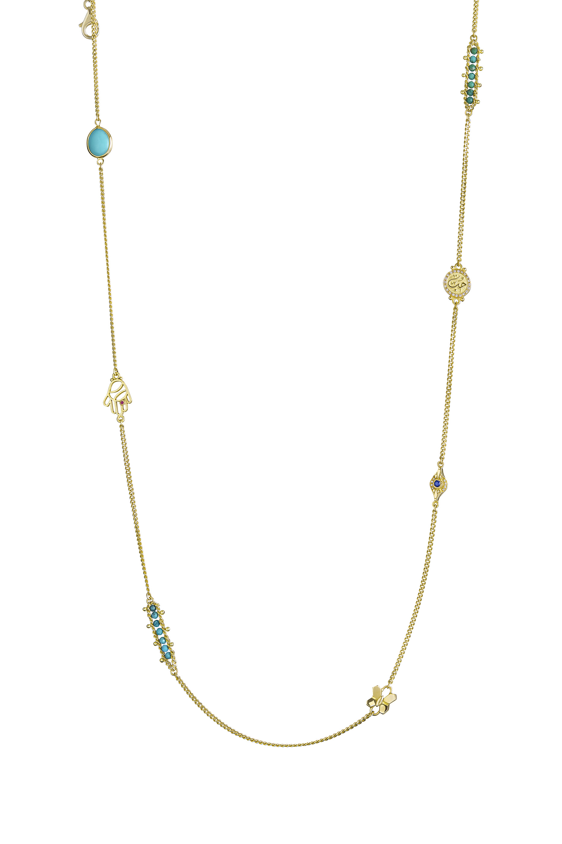 Multi-Way Necklace, 18k Yellow Gold with Turquoise, Ruby, Sapphire and Diamonds